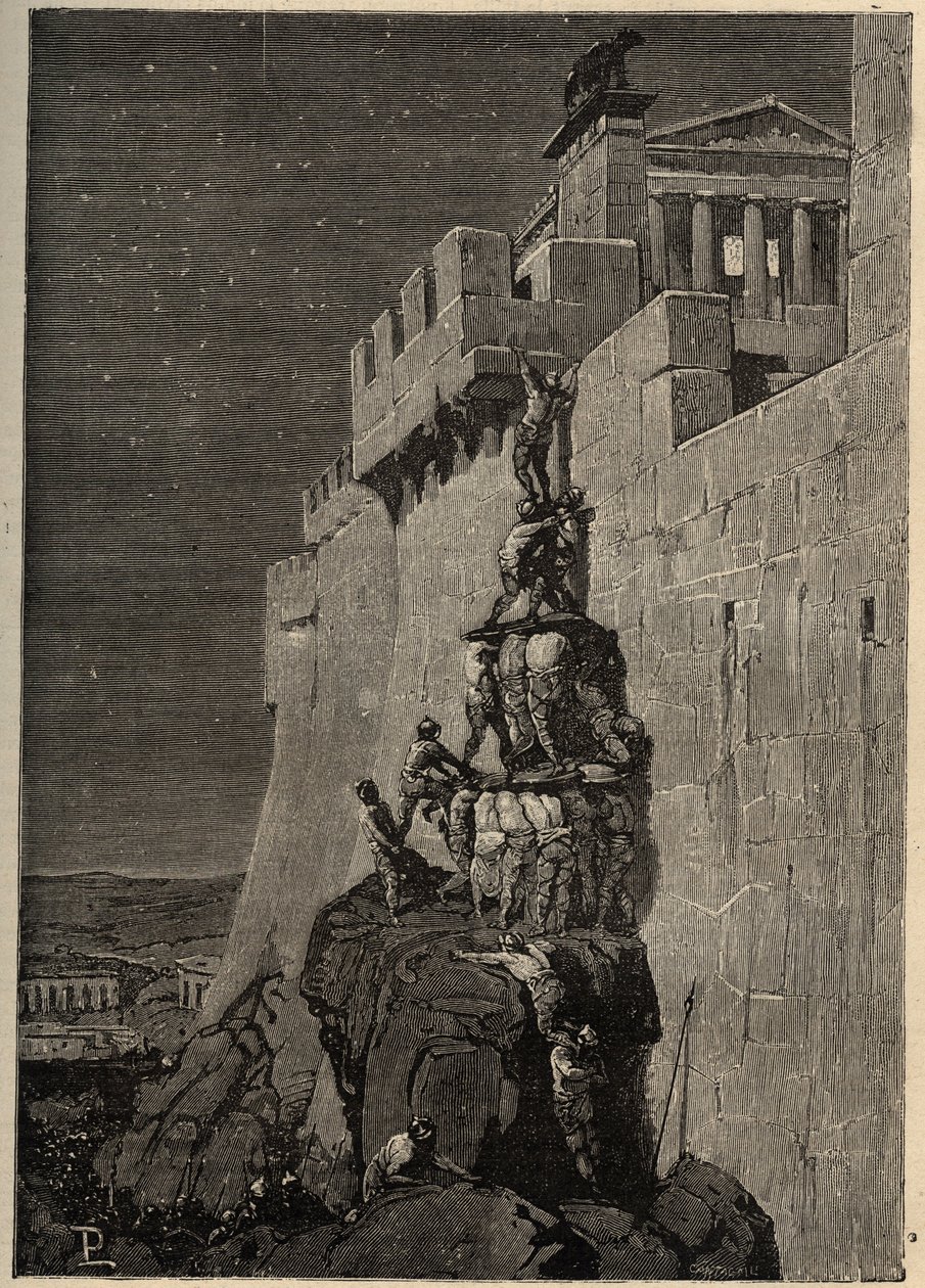 Galler försöker ta Capitolium (390 f.Kr.) - Gäss räddar Romerska Capitolium från galliska inkräktare - - gravyr 1890 av Anonymous Anonymous