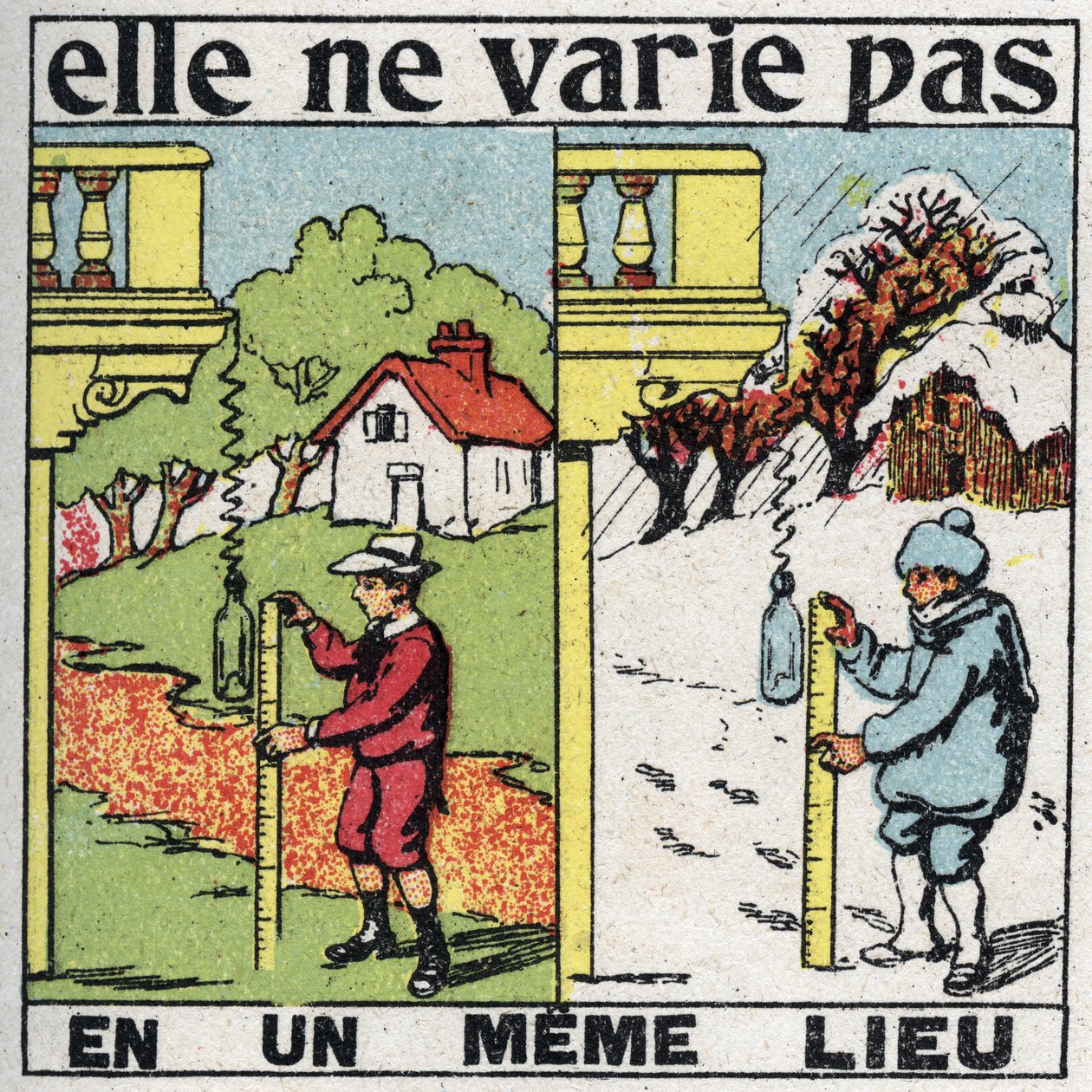 Kornighet: det varierar inte på ett ställe. Ett barn som mäter gravitationen med en fjäder på samma plats sommar och vinter. Anonym illustration från 1925. Privat samling. av Anonymous Anonymous