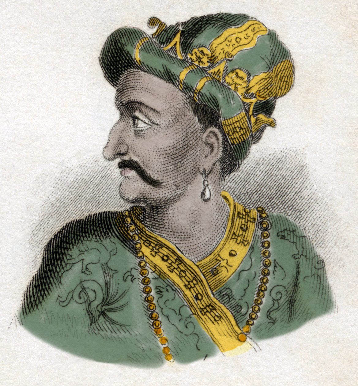 Grand Moghol (Mogol eller Moghul) (troligen Aurangzeb (1618-1707), även känd som Alamgir) (Abu Muzaffar Muhiuddin Muhammad Aurangzeb Alamgi) - 1800-talsgravyr - Milanese av Anonymous Anonymous