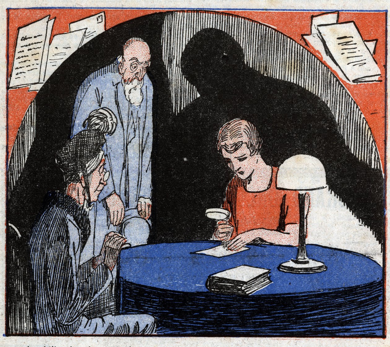 Grafologi: en grafolog, konsulterad av ett gammalt par, läser med ett förstoringsglas en individs handskrivna skrift för att härleda psykologiska drag. Gravyr i "" Le Petite Journal illustrious"" 1926. Privat samling. av Anonymous Anonymous