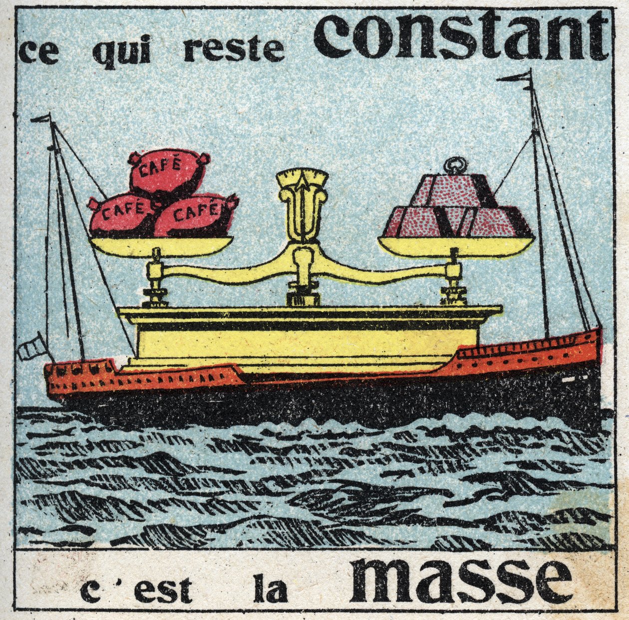 Tyngdkraft: massan förblir konstant. En enorm våg med vikter som balanserar kaffepåsar, alla ligger på en båt. Anonym illustration från 1925. Privat samling. av Anonymous Anonymous