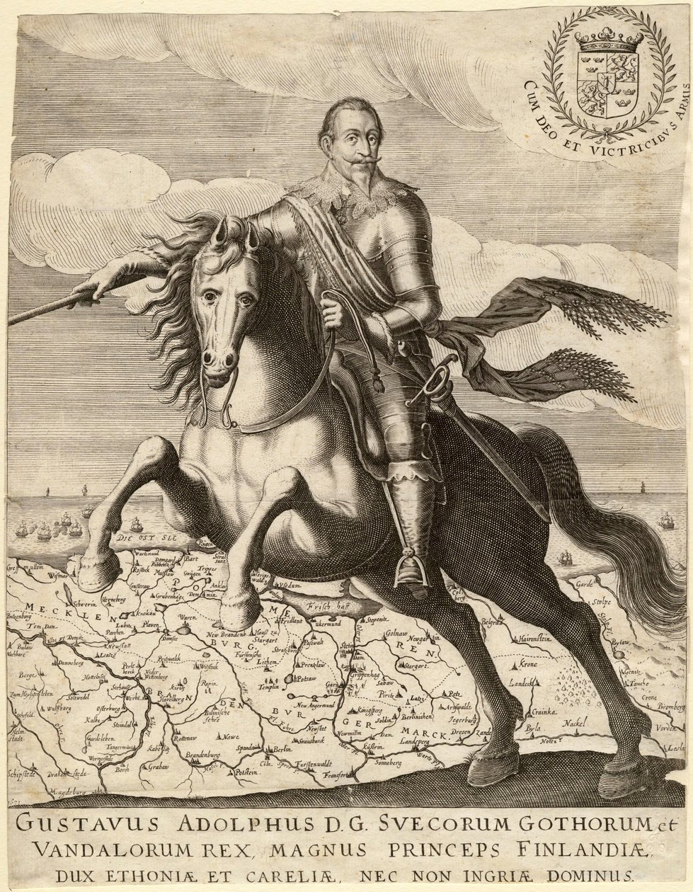 Gustave II Adolphe, dit le Grand ou le lion du Nord (1594-1632), roi de Suede, chevauchant la carte de Pomeranie - Gustavus Adolphus före kartan över Pommern i bakgrunden - Anonym - 1630 - Kopparstick - 30,4x23, 9 - Privat samling av Anonymous Anonymous