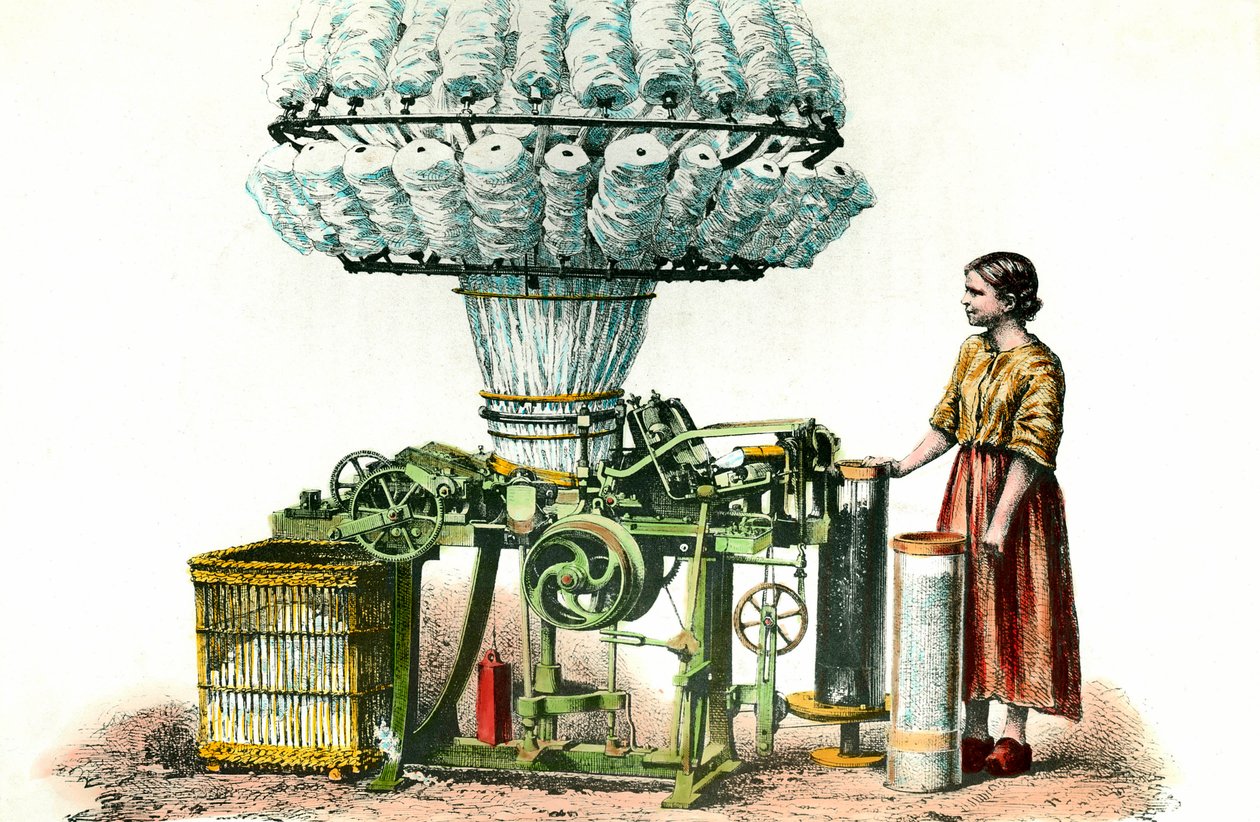 Habner comber används för att spinna ull. 1800-talsgravyr privat samling. av Anonymous Anonymous