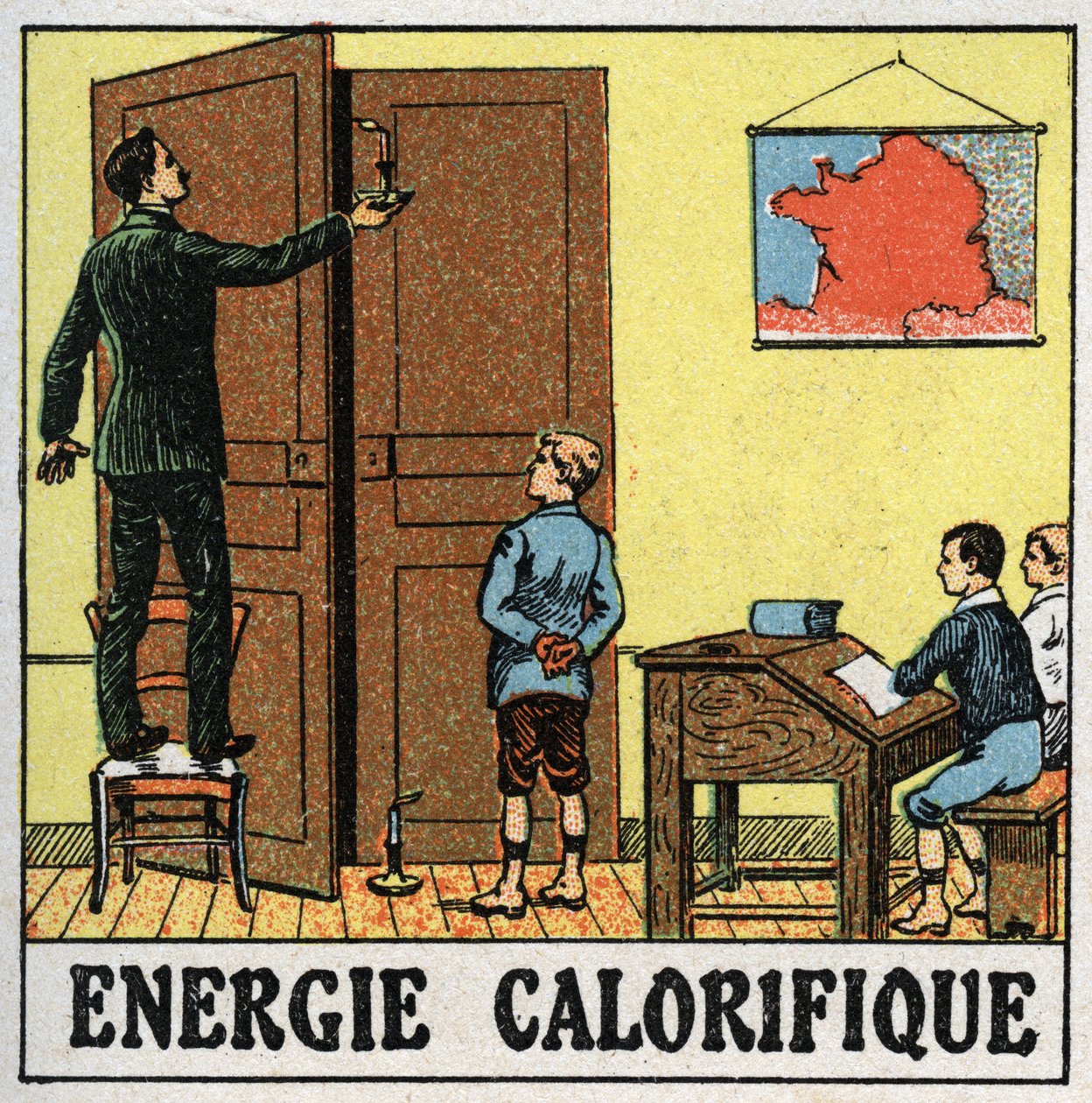 Värmeenergi: en lärare i ett klassrum håller ett ljus nära en öppen dörr. Anonym illustration från 1925. Privat samling. av Anonymous Anonymous