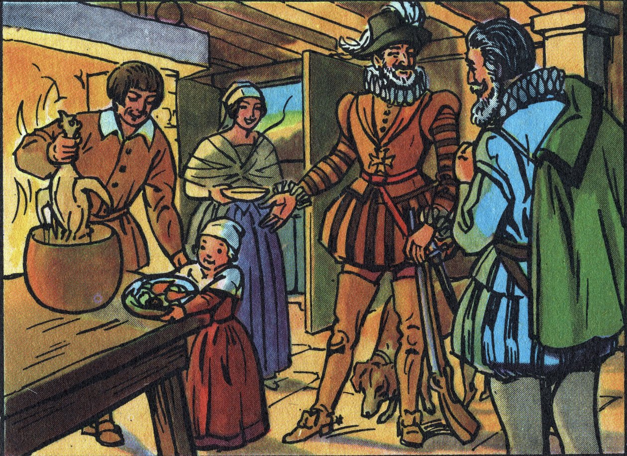 Henrik IV och kycklingen i grytan. Anonym illustration i ""Samling av Frankrikes suveräner och statschefer"". 1900-talet. Privat samling. av Anonymous Anonymous