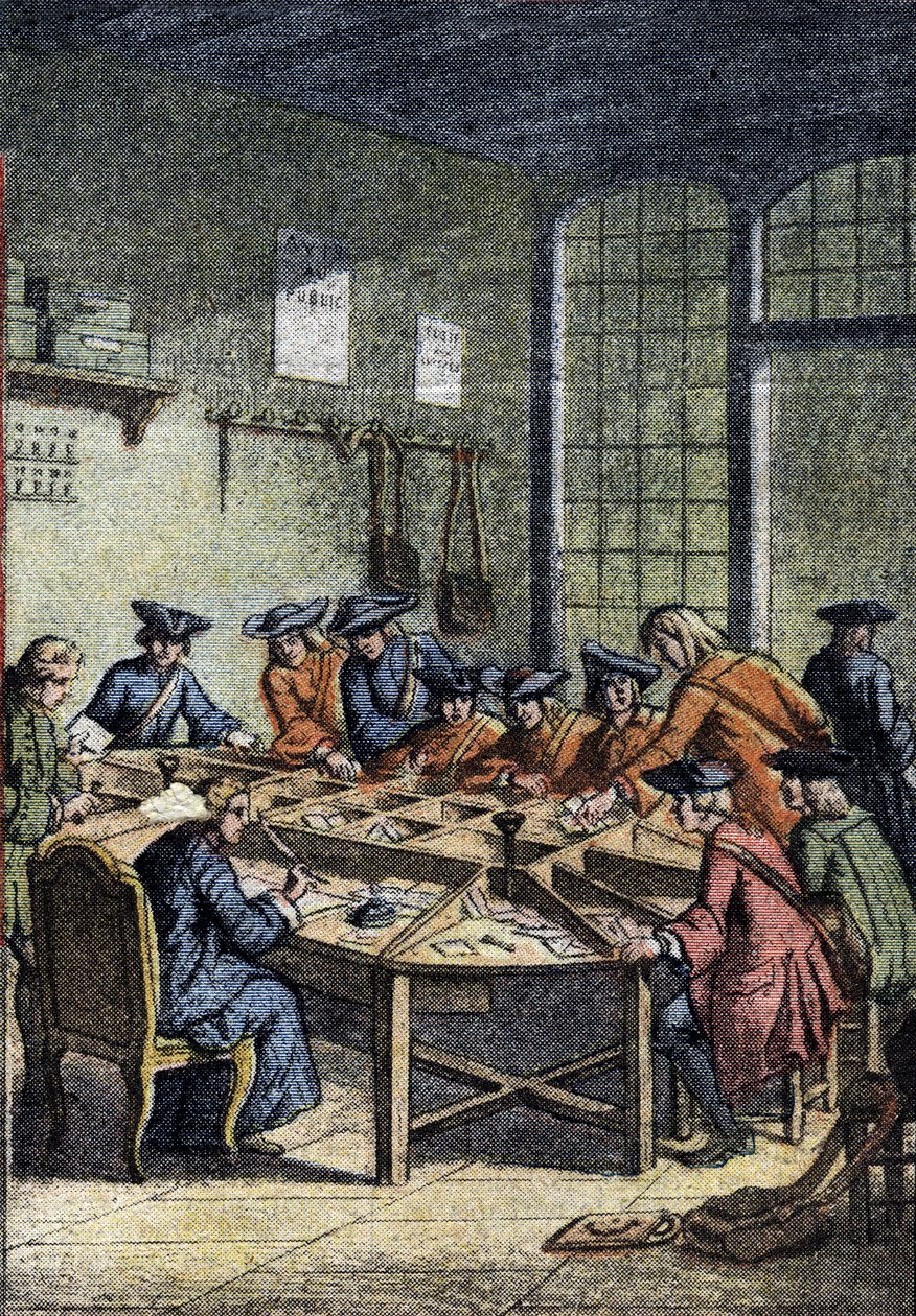 Postkontorets historia: ett sorteringsrum under Ludvig XV:s styre (1700-talet). Detalj av "" Le petit journal"" från 1920-04-15. Privat samling av Anonymous Anonymous