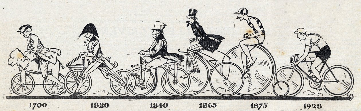 Cykelns historia: olika modeller av cykel från 1700 till 1928. Gravyr i "" Le petit journal illustrious"" av Anonymous Anonymous