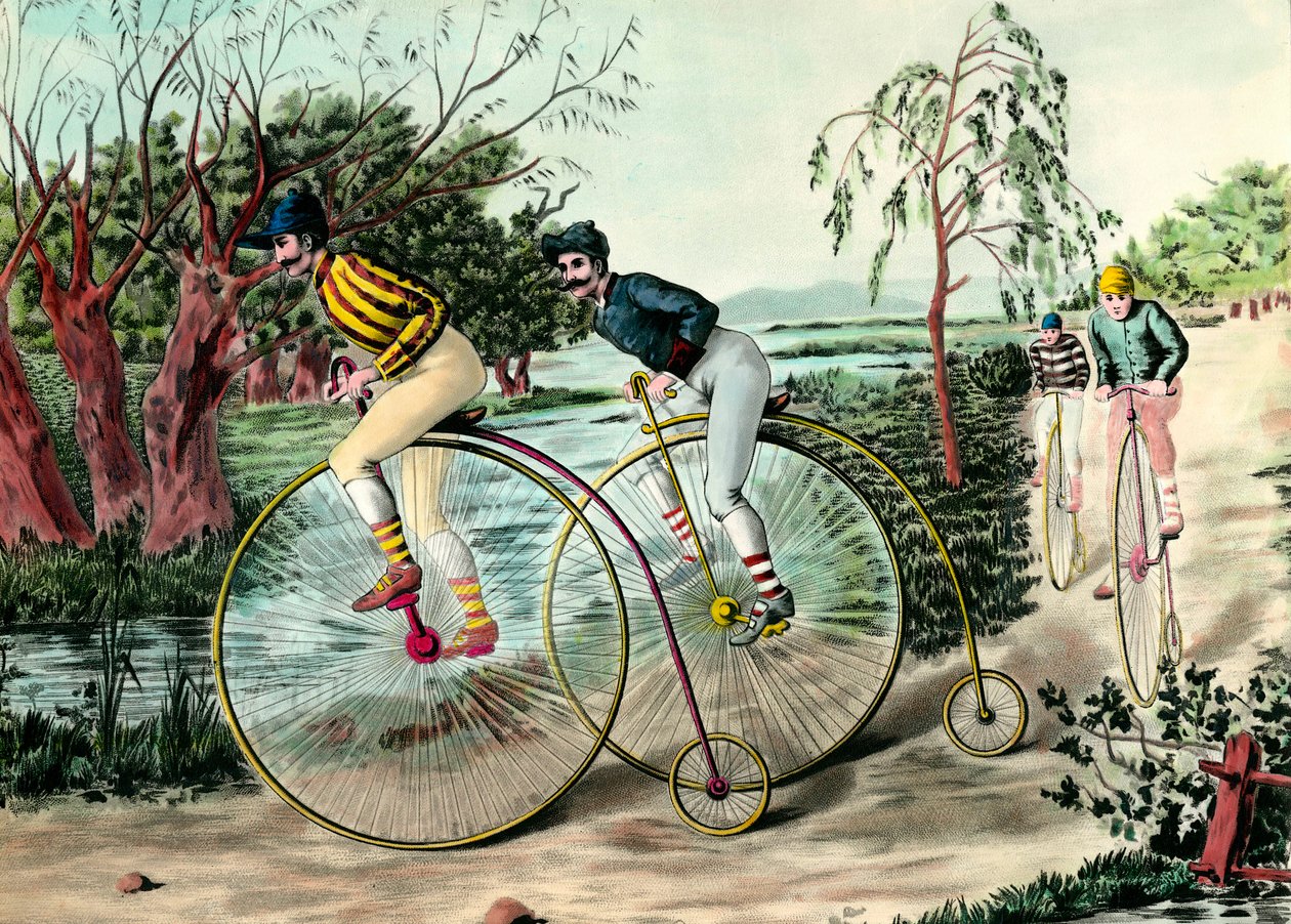 Cykelns historia: race of grand bi (grand bi). Gravyr av 1900-talet. Privat samling av Anonymous Anonymous