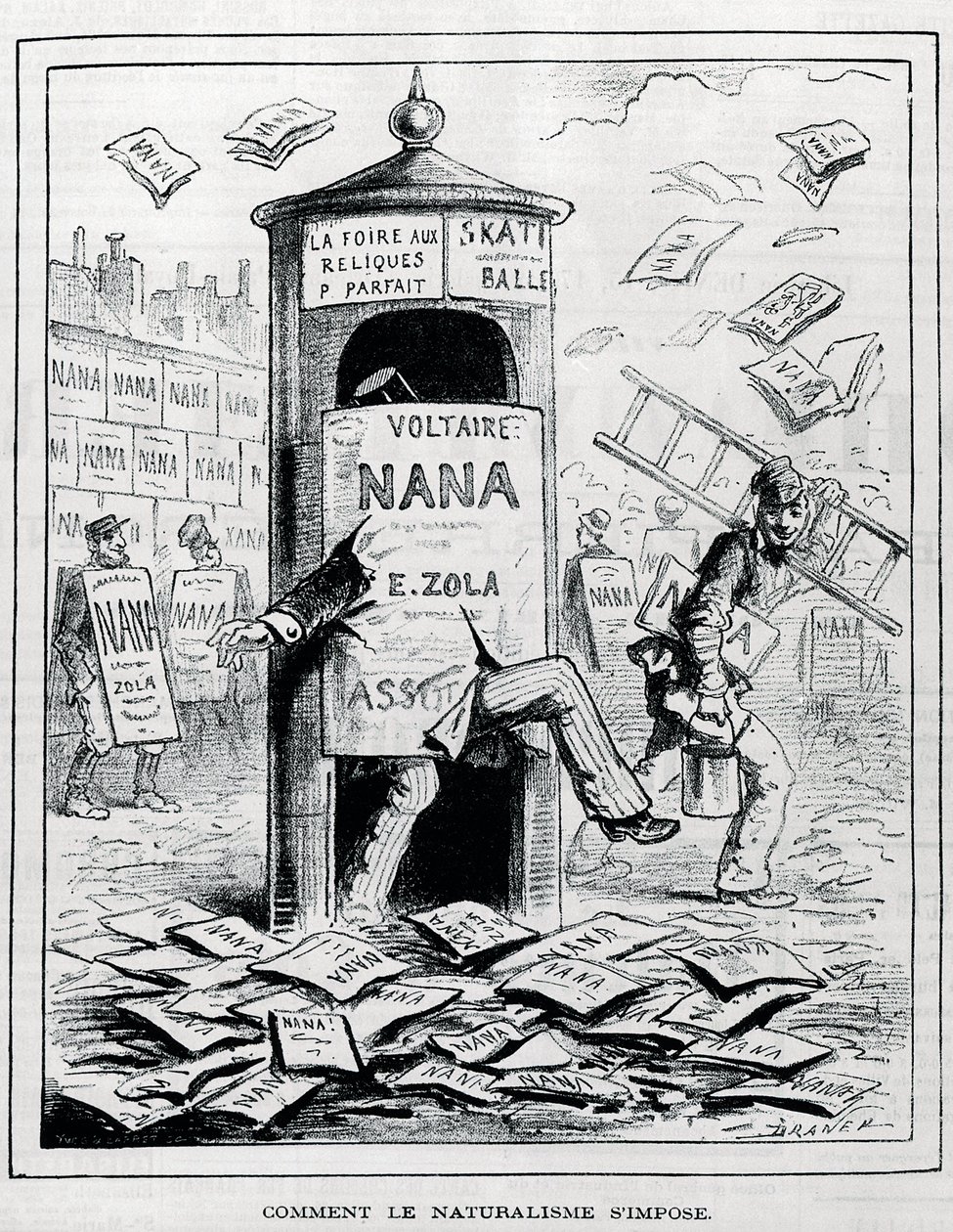 Hur naturalism påtvingas: satirisk teckning på den naturalistiska romanen om boken "Nana" av Emile Zola. Gravyr av 1800-talet. Privat samling. av Anonymous Anonymous