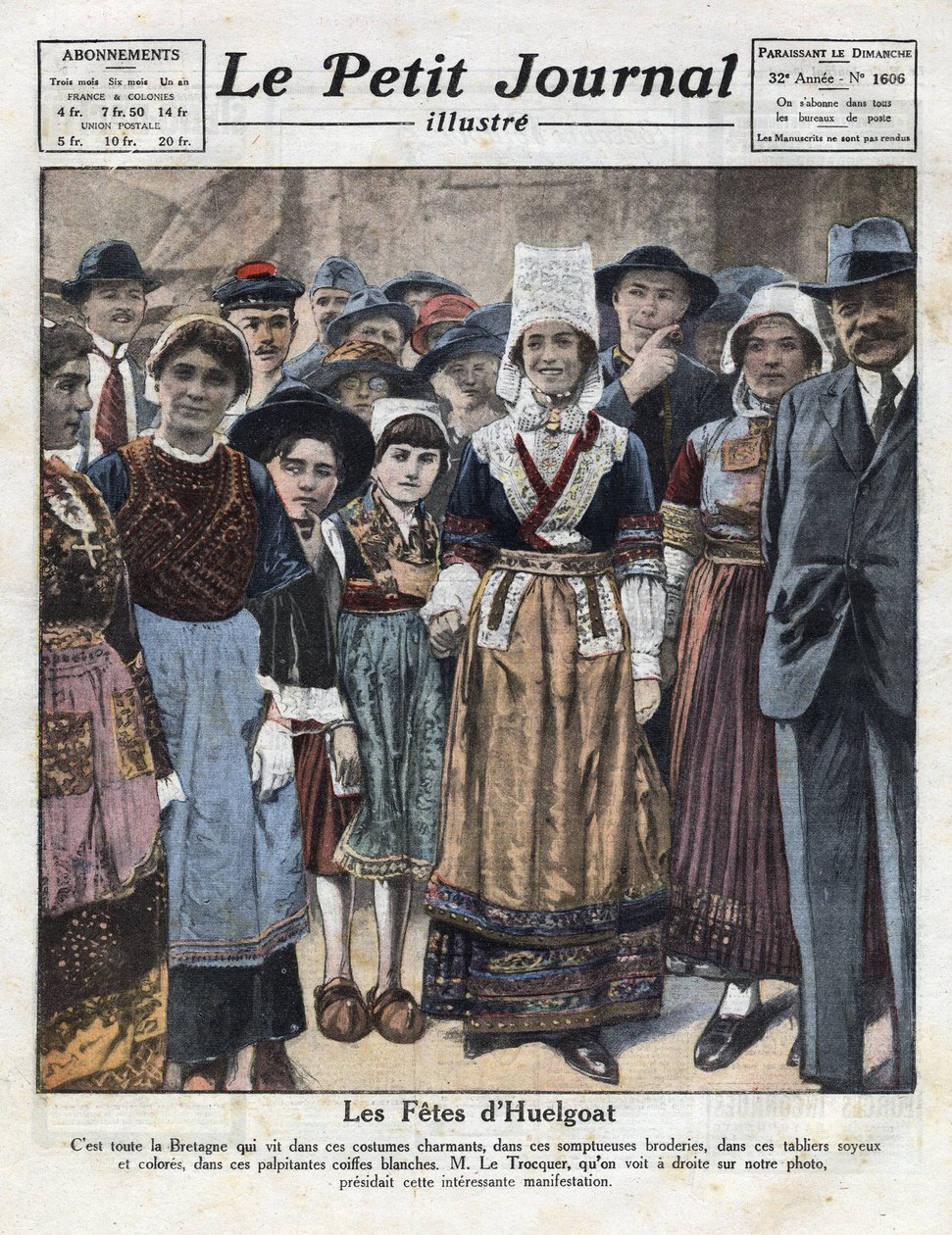 Huelgoat fester i traditionell bretonsk kostym med anledning av ett initiativ till förmån för återupplivandet av regionala seder. Illustration hämtad från "" Le petit journal illustrious""" av 1921-10-09. Privat samling av Anonymous Anonymous