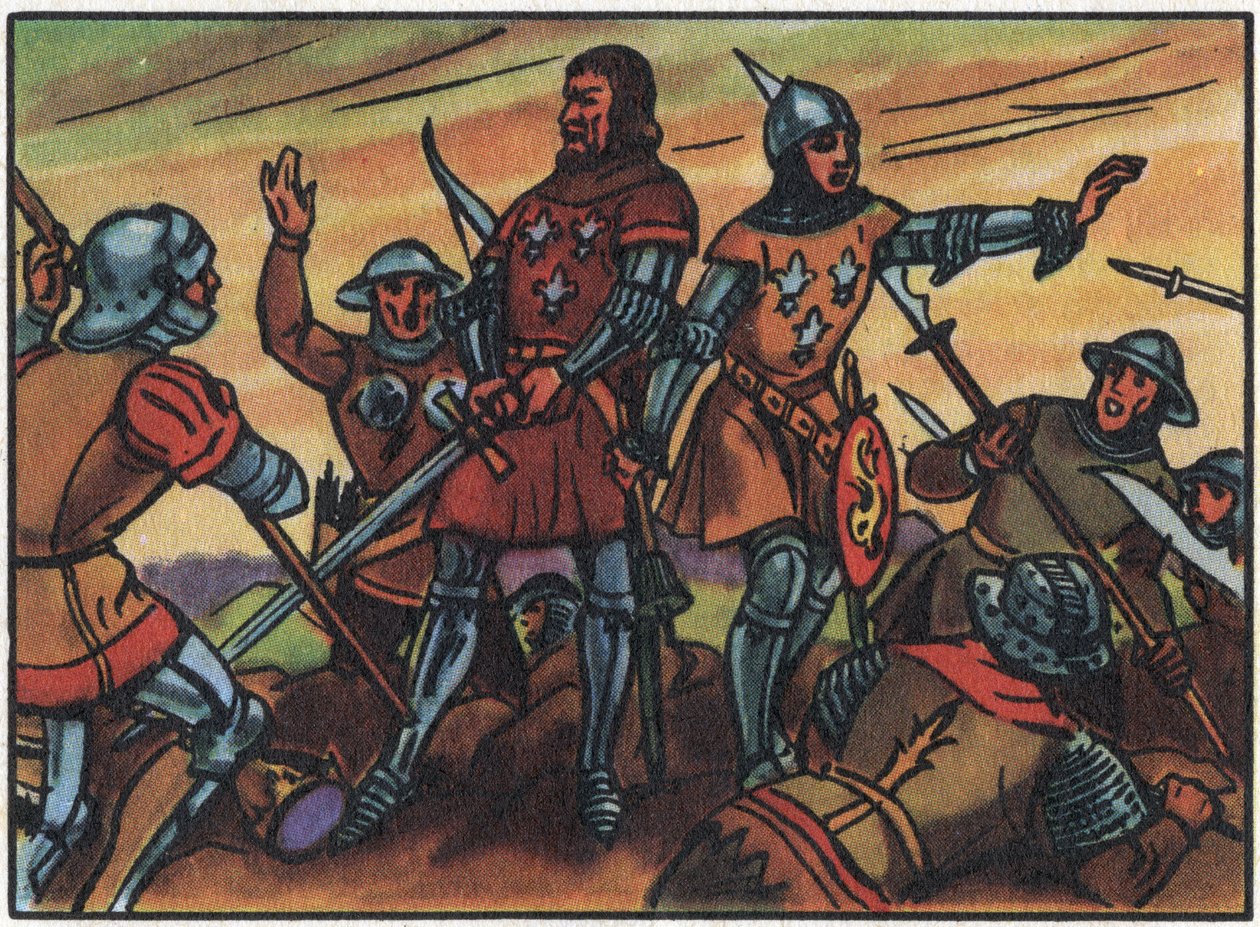 Hundraåriga krig: "" Frankrikes kung Johannes II den gode (1319-1364) togs till fånga av engelsmännen i slaget vid Poitiers den 19/09/1356". Anonym illustration i "" Collection des souverains et chefs d