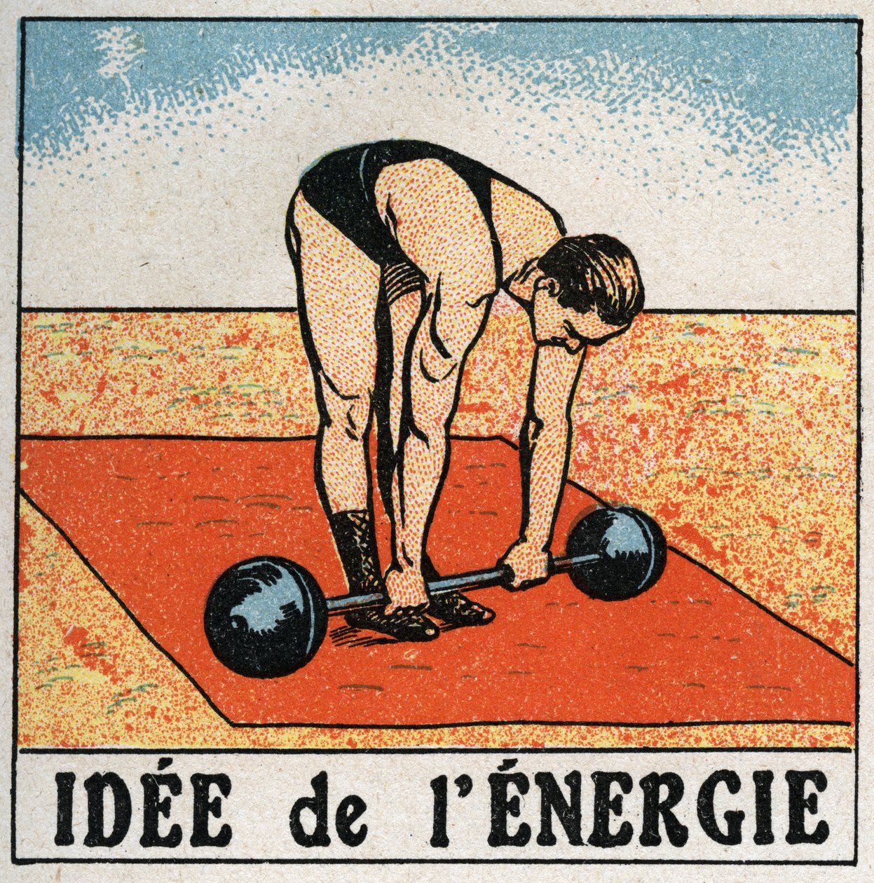 Idé om energi: idrottare som lyfter en vikt. Anonym illustration av 1925. Privat samling. av Anonymous Anonymous