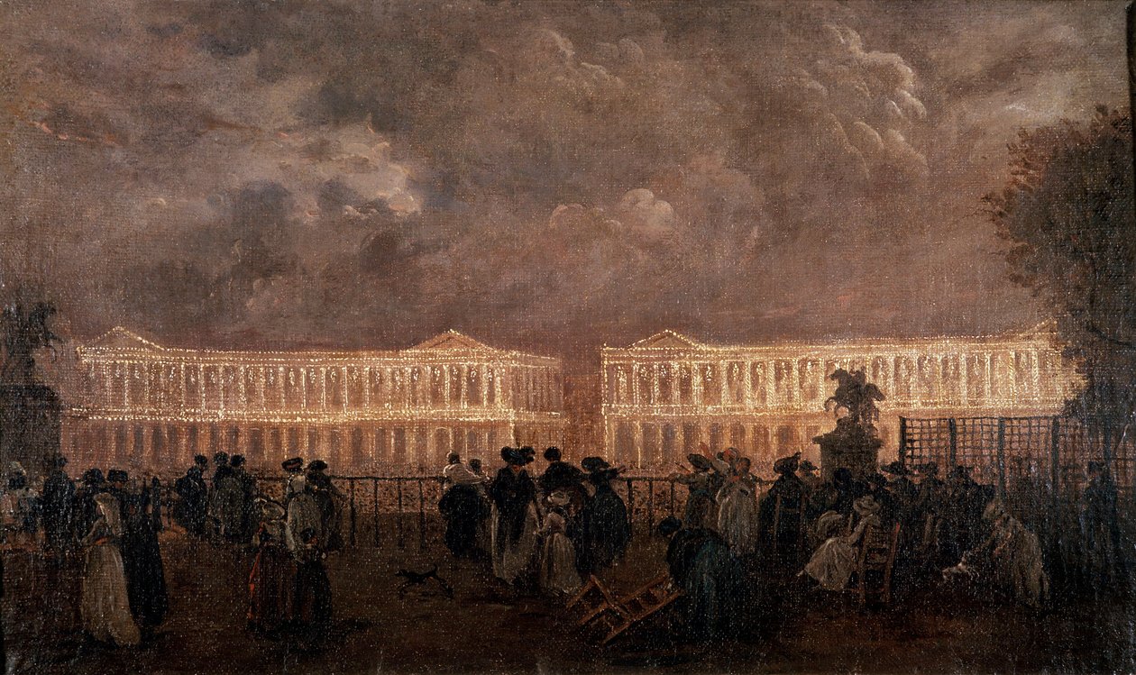 Belysning av Place Louis XV (nu Place de la Concorde) i Paris 1782 Till vänster, nuvarande Hotel Crillon och till höger, Hotel de la Marine (Hotel du Garde Meuble). Anonym målning av Anonymous Anonymous