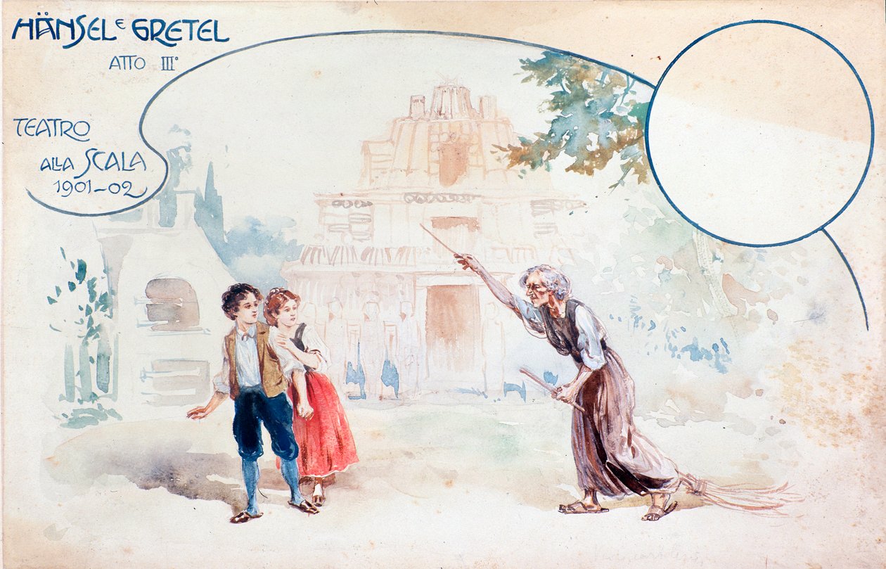 Illustration av Hansel und Gretel-operan av Humperdinck, under föreställningen på teatro alla Scala av Anonymous Anonymous
