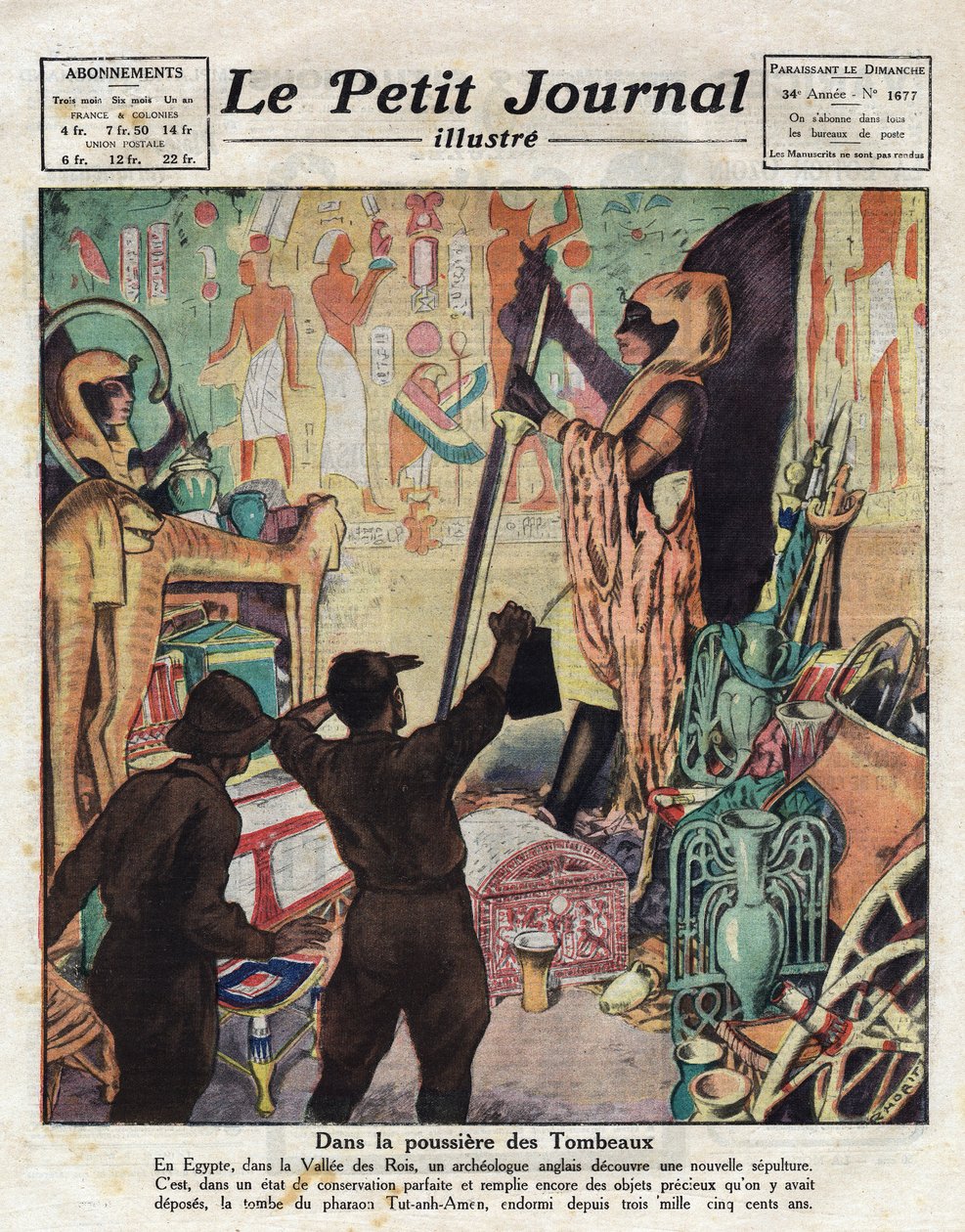 I november 1922 gick den engelska egyptologen Howard Carter och Lord Carnarvon för första gången in i farao Tutankhamons grav - Illustration från "Le Petit Journal" 1923-02-11 (gravyr) av Anonymous Anonymous