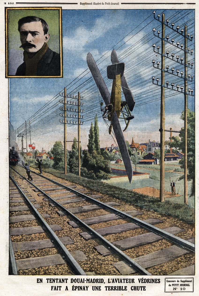 I frestande Douai - Madrid gjorde flygaren Jules Vedrines (1881-1919) Epinay till ett fruktansvärt fall. Gravyr i Le Petit Journal””, 1912-05-12 av Anonymous Anonymous