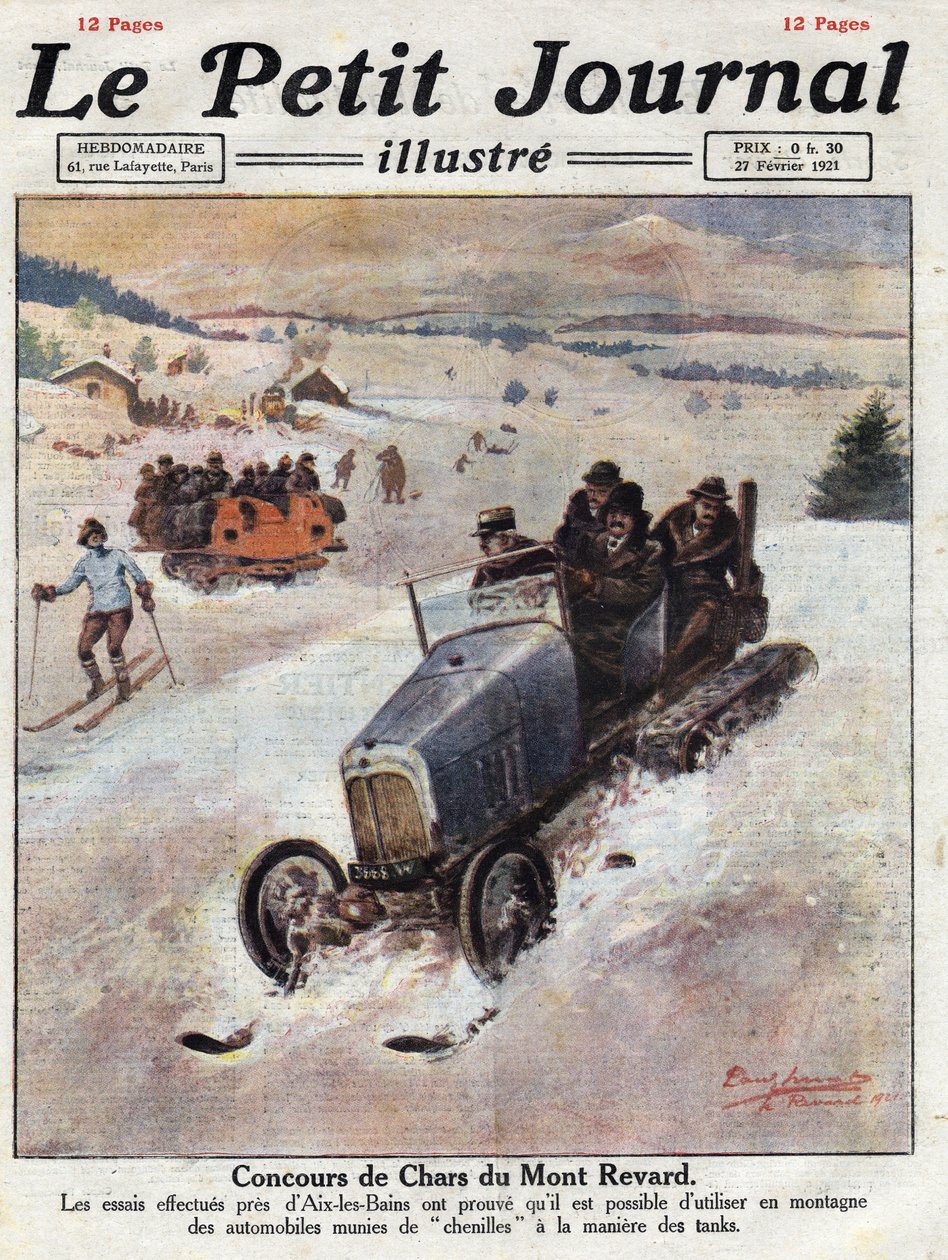 Innovation på bilar i bergen, spår placeras på hjulen för att undvika skador. Illustration hämtad från "" Le petit journal"" av 1921-02-27. Privat samling av Anonymous Anonymous
