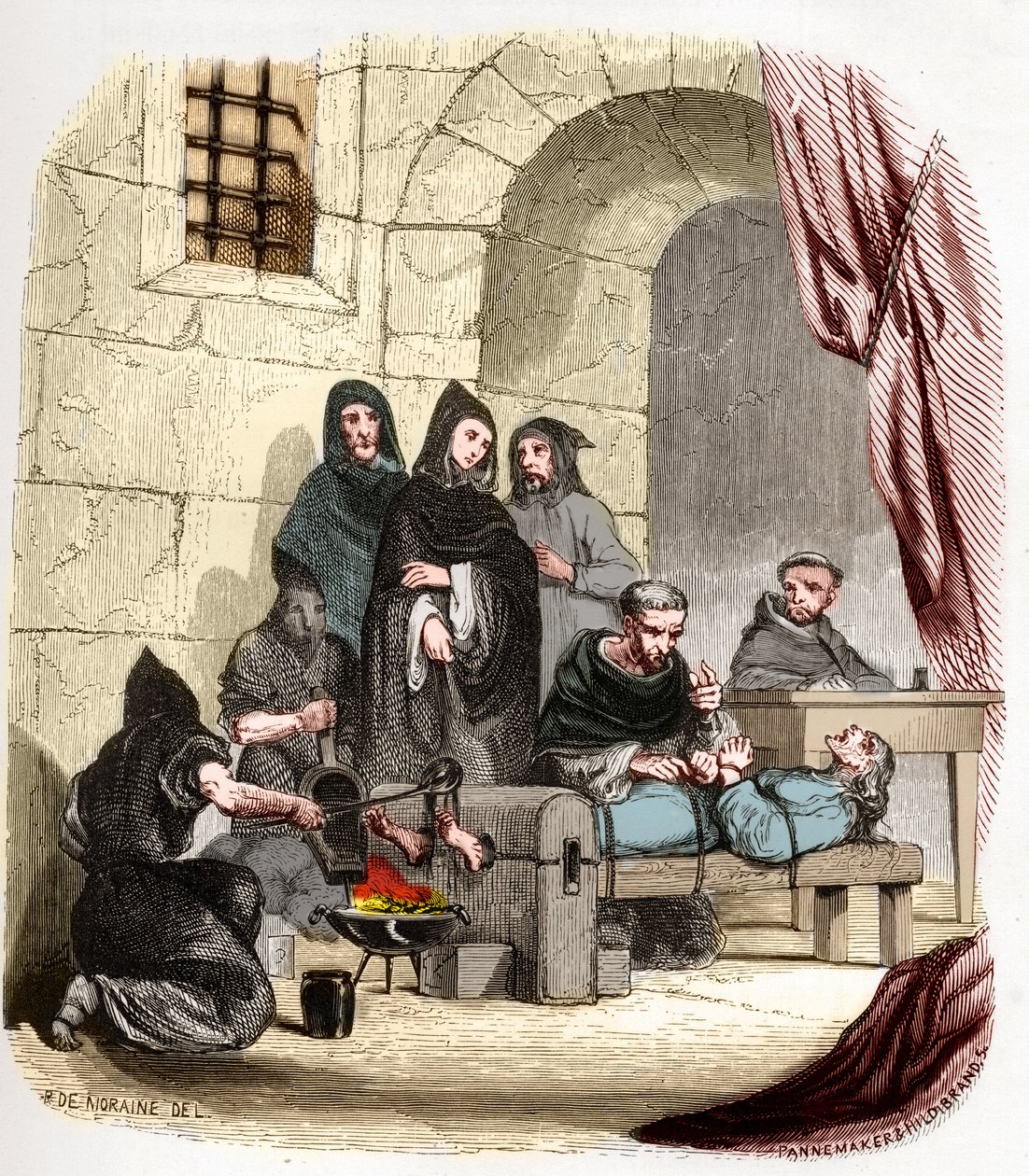 Inkvisition i Spanien på 1400-talet: Maria av Bourgogne (1457-1482), anklagad för att vara judisk, torteras av (sankt) Peter (Pedro) av Arbues (1441/1442-1485), spansk inkvisitor: han bränner sina fötter . Illustration i "" Mysteres of the Inquisition och av Anonymous Anonymous