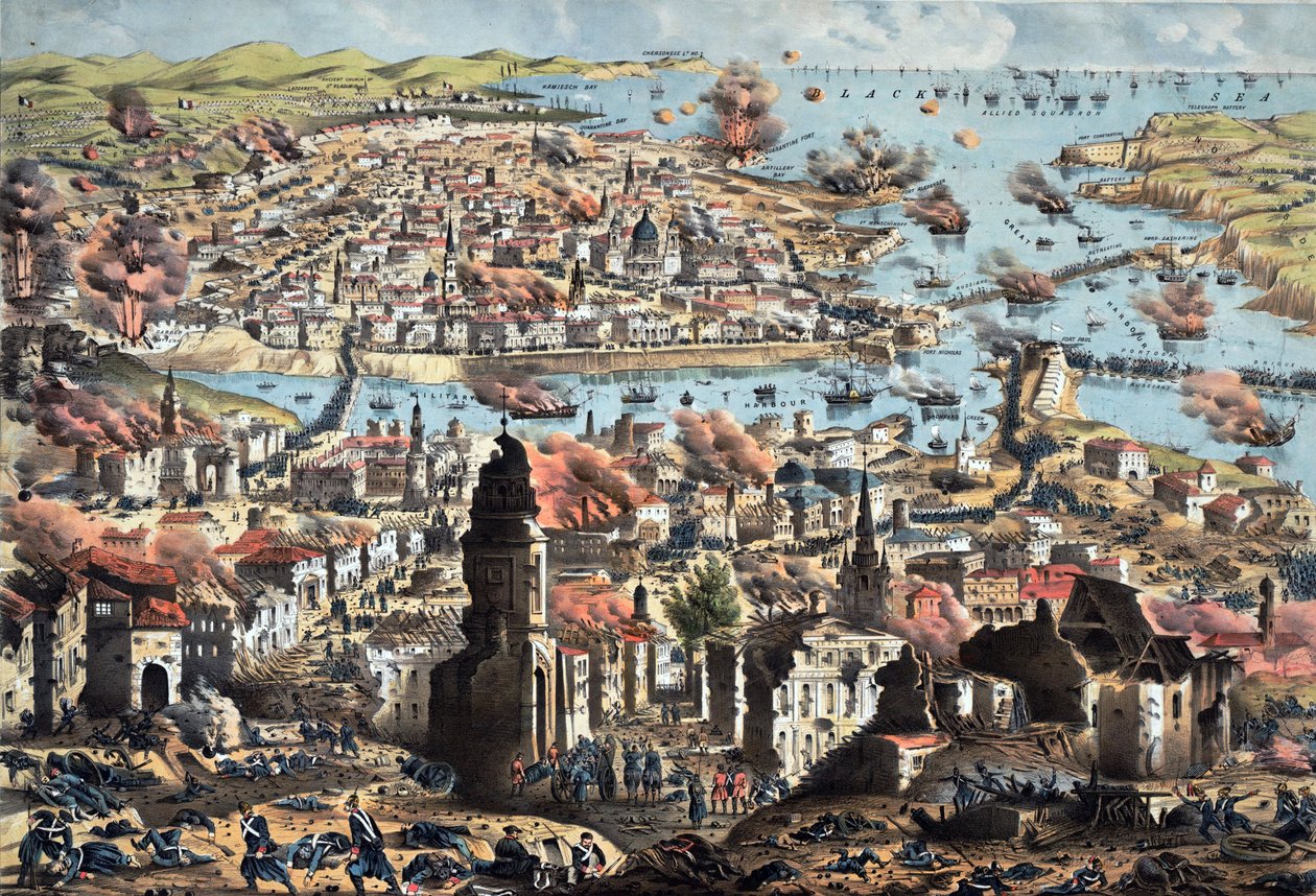 Interiör av Sevastopol (Sebastopol), förstörelse av staden av ryssarna, deras reträtt - Okänd artilleriofficer - 1855 - Färglitografi - 51,3x68,4 - Privat samling av Anonymous Anonymous