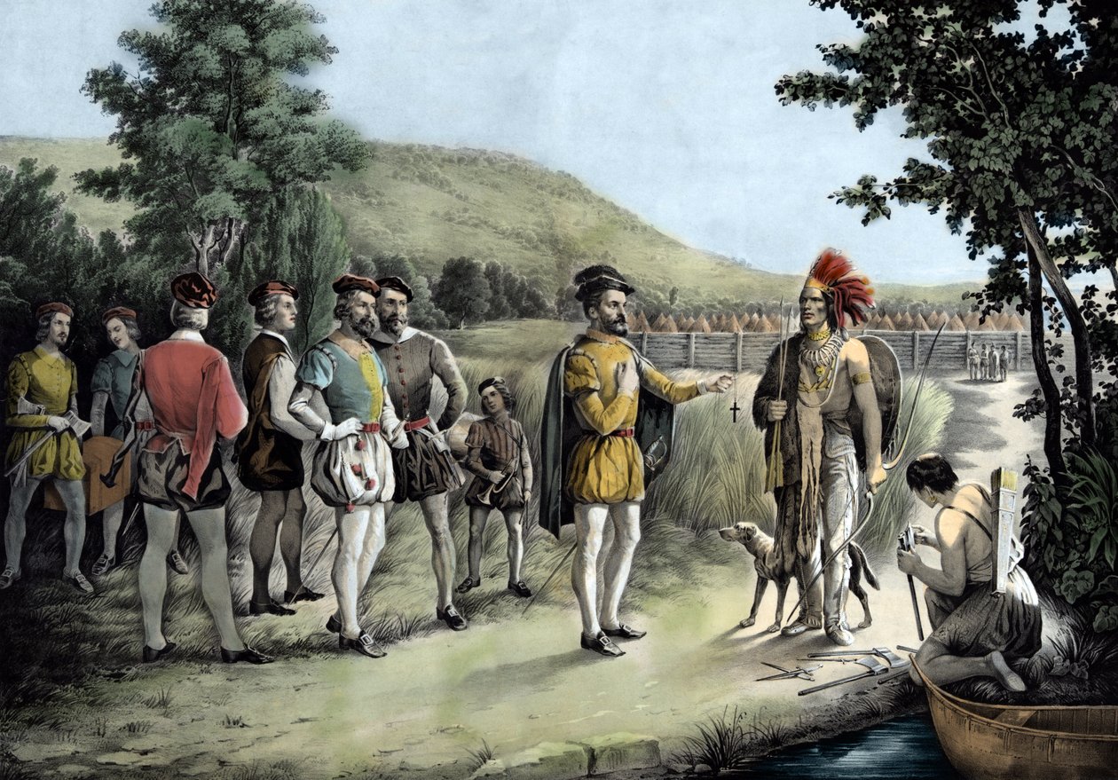 Jacques Cartier, hans första intervju med indianerna i Hochelaga nu Montreal 1535 (litho av Anonymous Anonymous