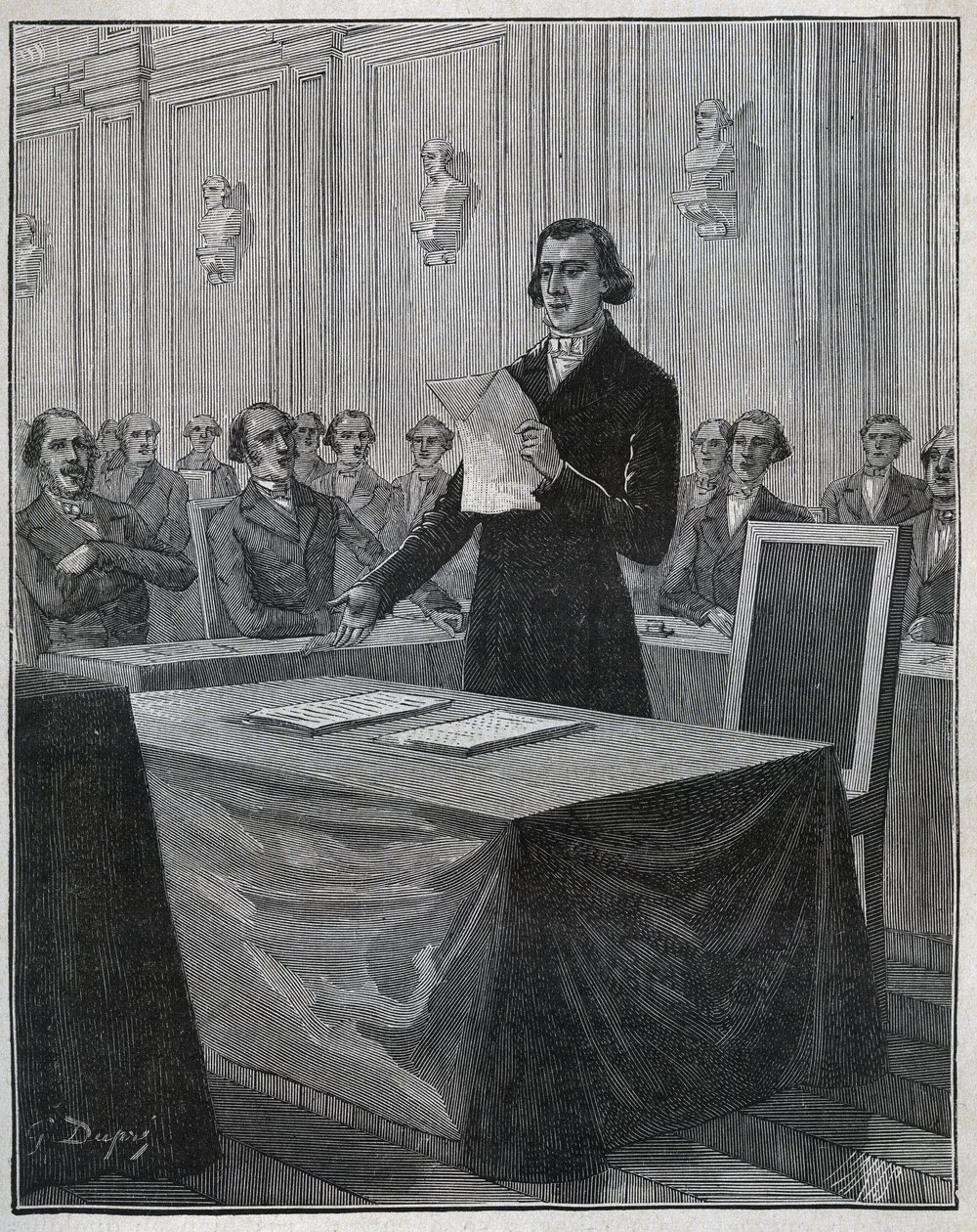 Jean Baptiste (Jean-Baptiste) Andre Dumas (1800-1884) Fransk kemist presenterade för Vetenskapsakademien sin rapport om uppfinningen Ruolz och Elkington. Gravyr från 1885 i "" Les arts et metiers illustres"" av Adolphe BITARD. av Anonymous Anonymous