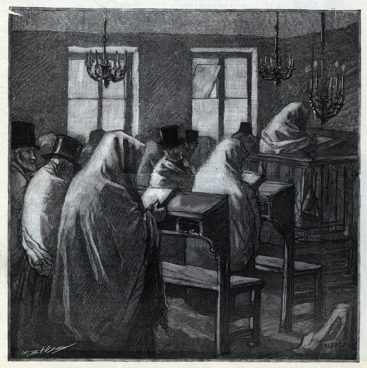 Judiska högtider: fideles under bönen i ett oratorium under helgerna. Gravyr i "Le monde illustree" från 1892. Privat samling. av Anonymous Anonymous