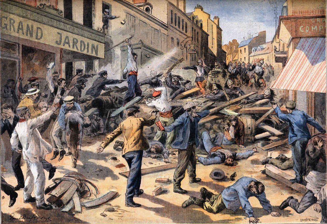Kravalldag i Villeneuve Saint Georges (Villeneuve-Saint-Georges). Gravyr från tidningen "" Le Peute Parisien"" av Anonymous Anonymous