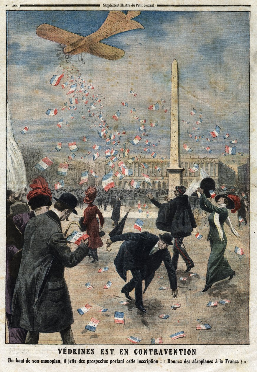 Jules Charles Toussaint Vedrines (1881-1919) är i strid: från toppen av sitt monoplan kastar han flygblad med inskriptionen "Ge flygplan till Frankrike"" över Place de la Concorde i Paris. Gravyr i "" Le Petite Journal"", den 4/02/19 av Anonymous Anonymous