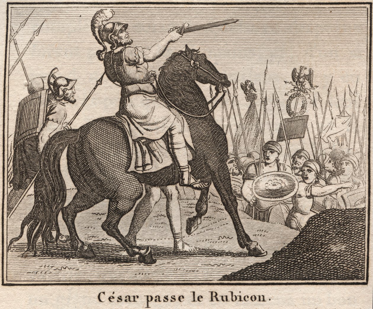 Julius Caesar (100-44 f.Kr.) Korsar Rubicon - "" Le Passage du Rubicon av Jules Cesar"" Den romerske generalen Jules Cesar korsade Rubicon den 11/01/49 f.Kr. som utgör separationen mellan Cisalpine Gallien och Italien - Gravyr i "" The Rollin of Yo av Anonymous Anonymous