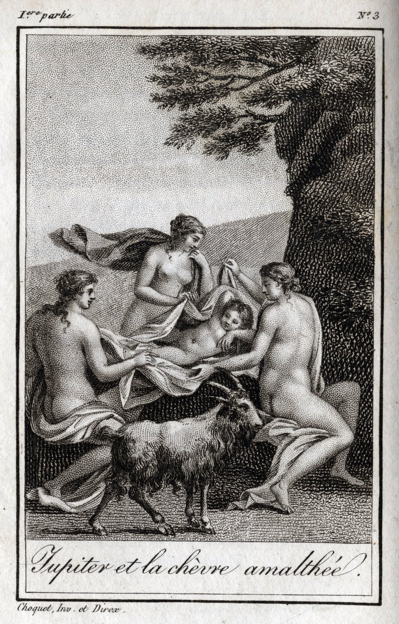 Jupiterbarn som matas av geten Amalthee. Gravyr från 1819 i "Lettres a Emilie sur la mythologie" av Charles Albert Demoustier (1760-1801). Privat samling. av Anonymous Anonymous