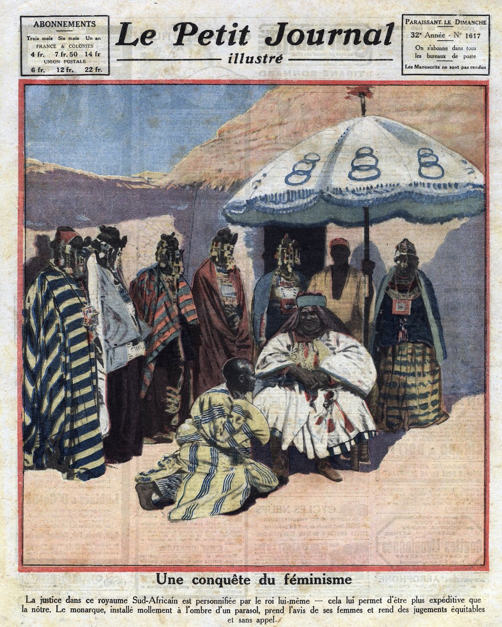 Upprätthållande av rättvisa och feminism i svarta afrikanska länder: en sydafrikansk kung rådgör med sina kvinnor innan han fäller dom. Illustration hämtad från "" Le petit journal"" från 1921-12-18 Samling privee av Anonymous Anonymous
