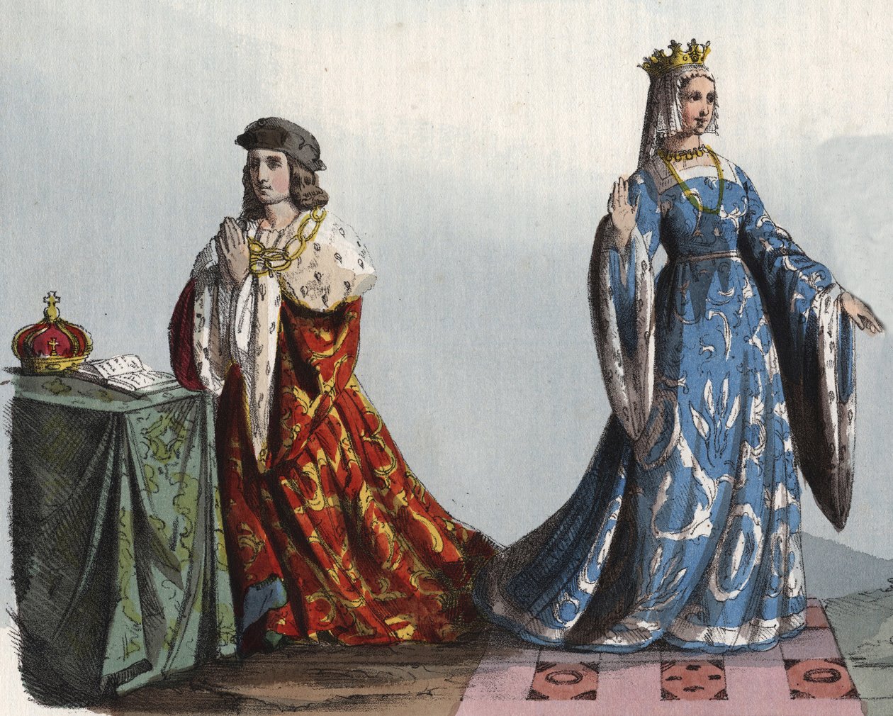 Kung Henrik VI av England och hans drottninggemål Margareta av Anjou - Henrik VI av England (1421 - 1471) och Margarita av Anjou (1429 - 1482) - gravyr från "" Seder och seder hos alla folk i universum. Det är historien om regeringen, lagarna, milen av Anonymous Anonymous
