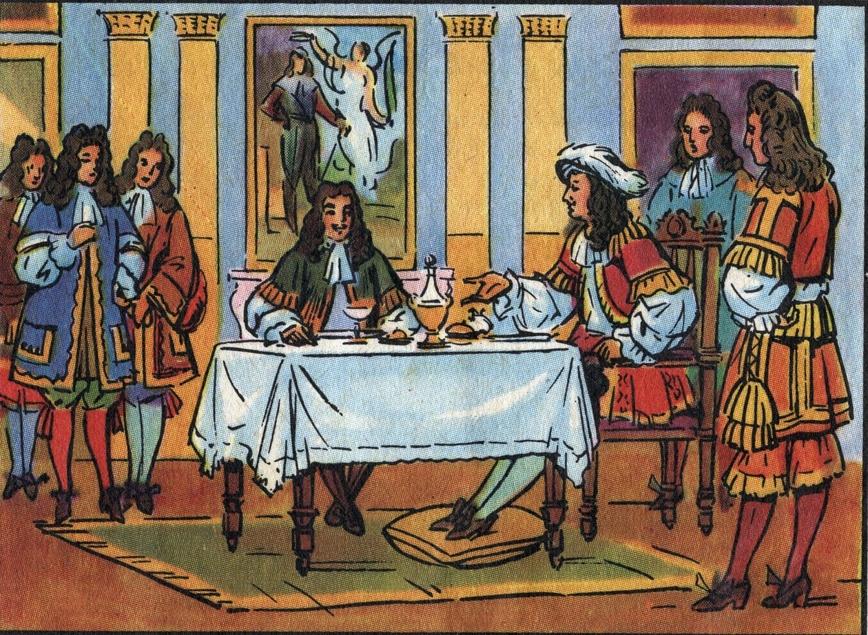 Kung Ludvig XIV (1638-1715) tog emot komikern och dramatikern Jean Baptiste Poquelin dit Moliere (1622-1673) under en frukost i närvaro av hovet på slottet i Versailles. Anonym illustration i "" Collection des souverains et chefs d