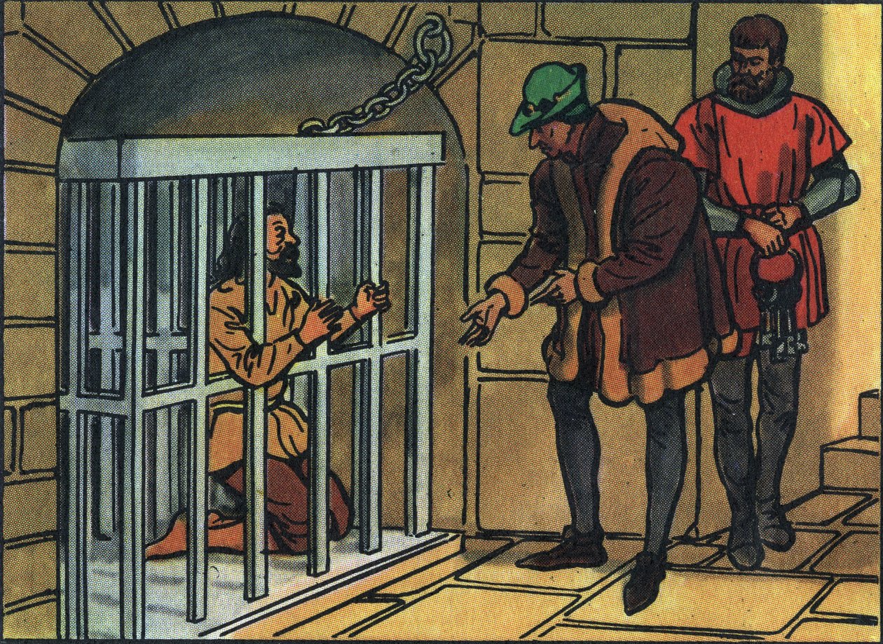 Kung Ludvig XI besöker burarna i Bastillefängelset. Anonym illustration i ""Samling av Frankrikes suveräner och statschefer"". 1900-talet. Privat samling. av Anonymous Anonymous