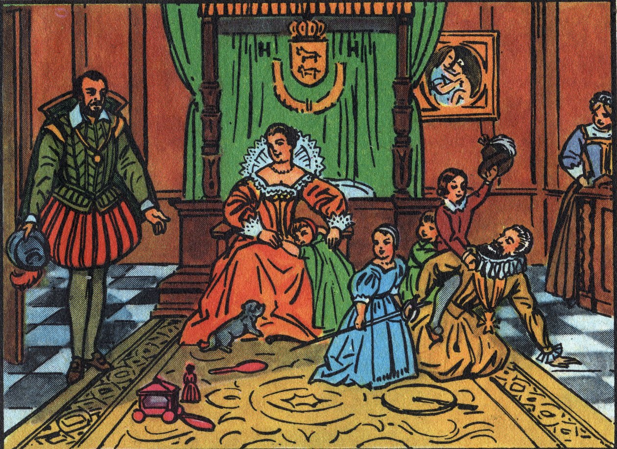 Kung av Frankrike Henrik IV (1553-1610) leker med sina barn framför den spanska ambassadören I centrum, drottning Mary av Medicis, är barnen Ludvig XIII, Elizabeth av Frankrike, Christine av Frankrike och Nicolas. Anonym illustration i "" Collectio av Anonymous Anonymous