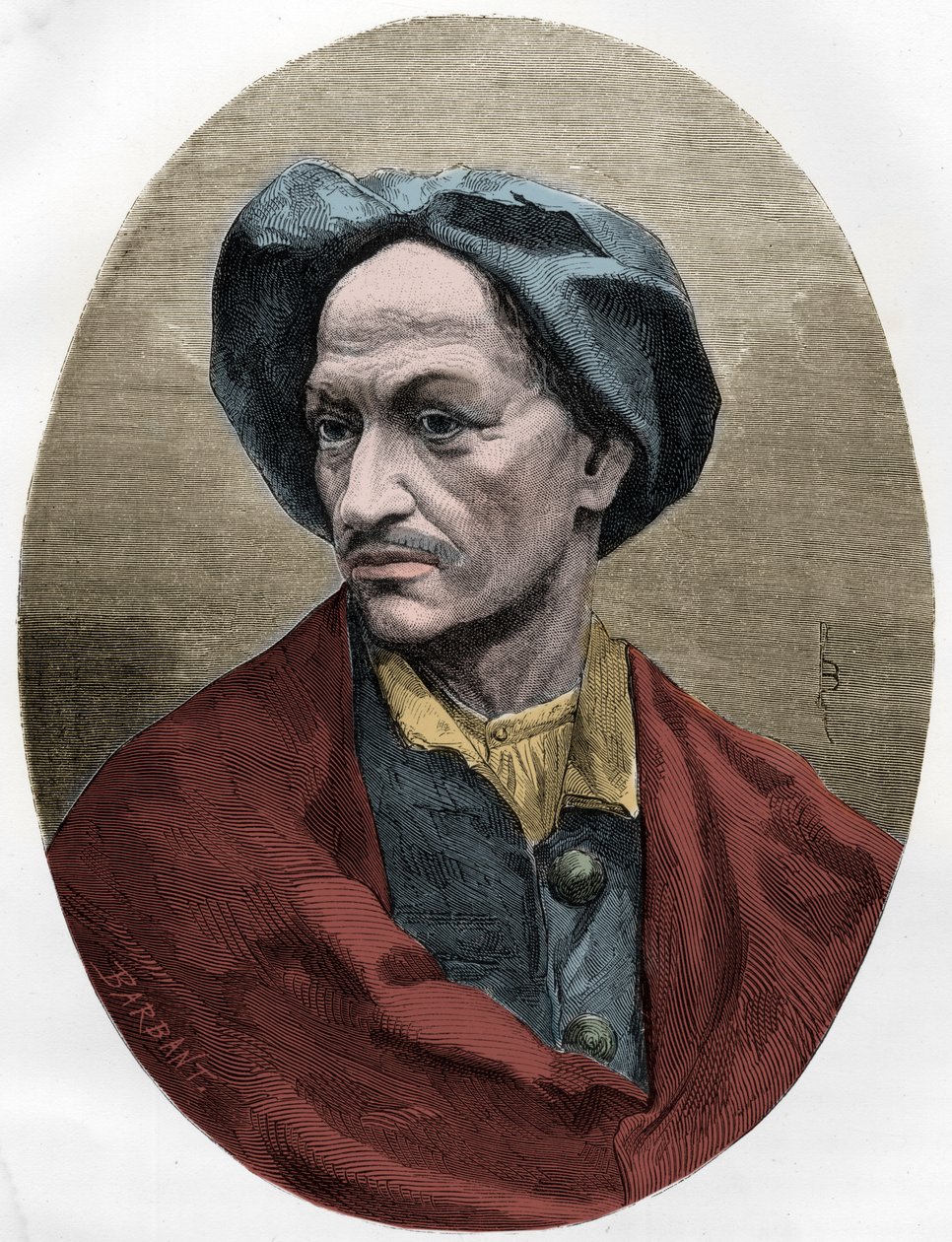 LOUIS DOMINIQUE CARTRIDGE, berömd fransk bandit - Le brigand Louis Dominique Garthausen dit patron (1693-1721) - Gravyr från 1863 i "Le Livre Rouge - Histoire De L