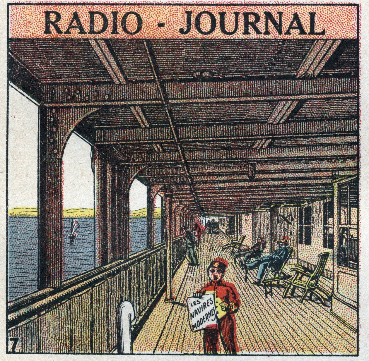 La T.S.F.: radio - tidning. Tidningsförsäljare på en liner. Anonym illustration från 1925. Privat samling. av Anonymous Anonymous