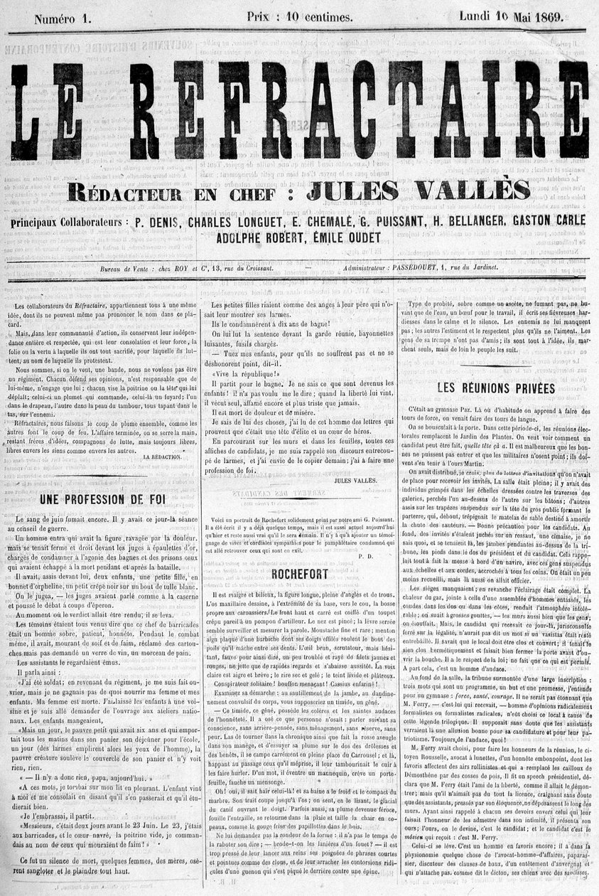 La första sidan av första numret av tidningen "" Le refractaire"", chefredaktör: Jules Vallès, måndagen den 10 maj av Anonymous Anonymous