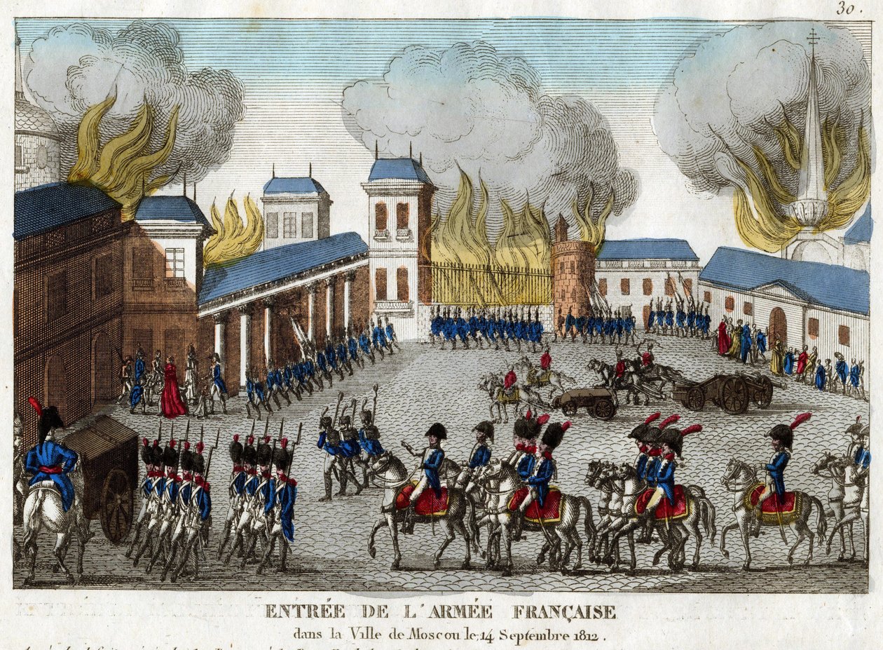 Tillfångatagandet av Moskva av Napoleon I:s armé den 14 september 1812 - Grande Armee går in i staden Moskva - Anonym - 1812 - Etsning, akvarell - 23,4x28,6 - Privat samling av Anonymous Anonymous