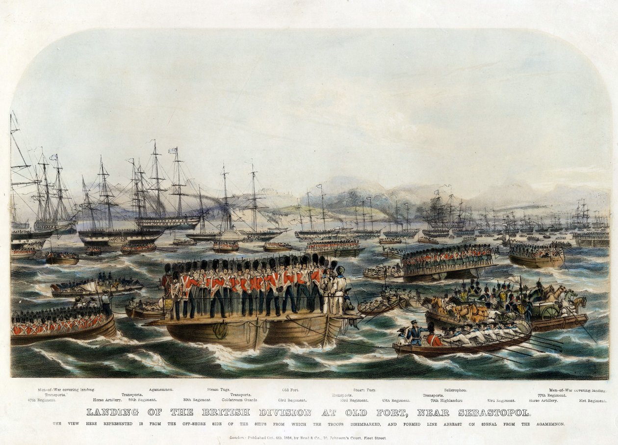 Den brittiska divisionens landning vid Old Fort, nära Sevastopol - Anonym - 1854 - Färglitografi - 29,8x42 - Privat samling av Anonymous Anonymous