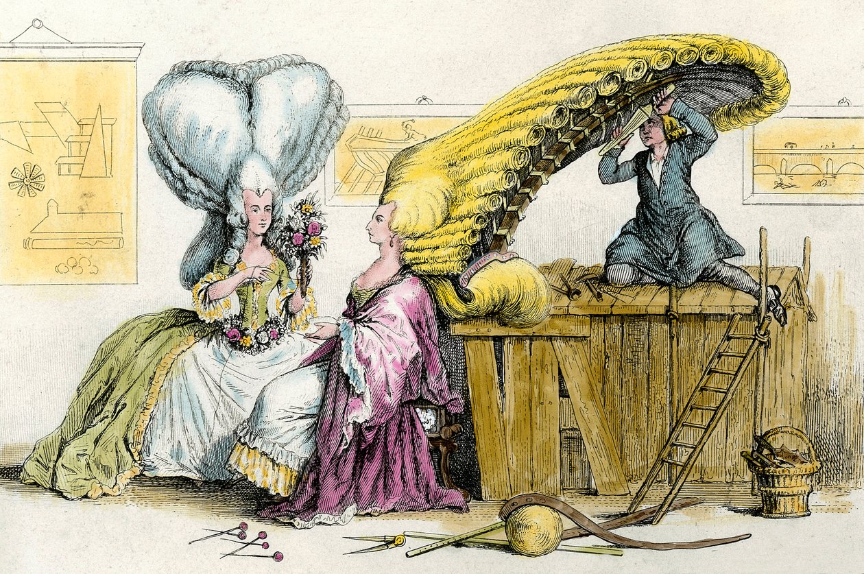 Stora excentriska frisyrer: unga kvinnor från adeln stylade av en peruk. Gravyr från 1788 privatsamling av Anonymous Anonymous