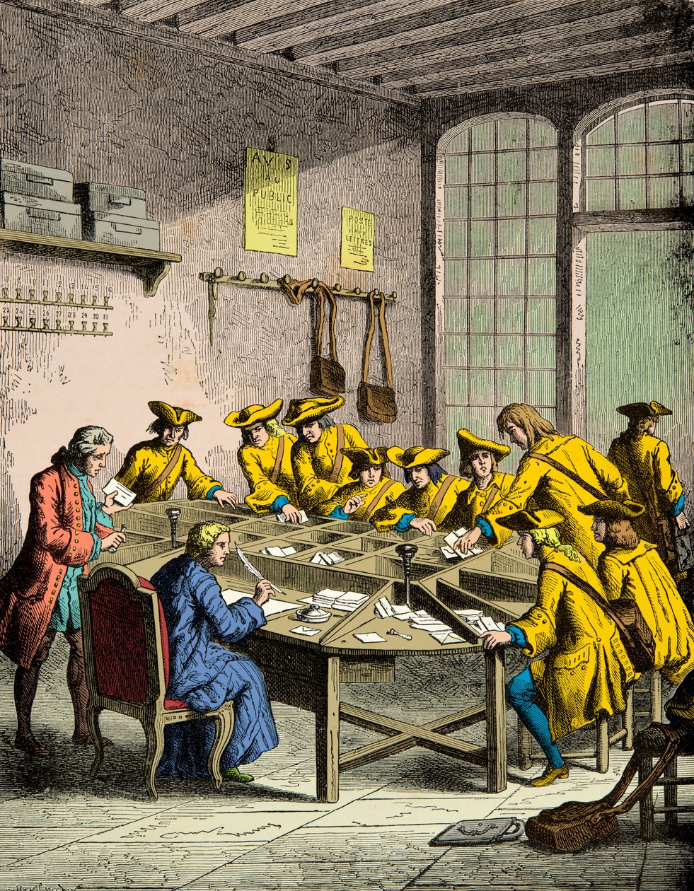 Stort postkontor i Paris under kung Ludvig XVI, Gravyr, Privat samling av Anonymous Anonymous