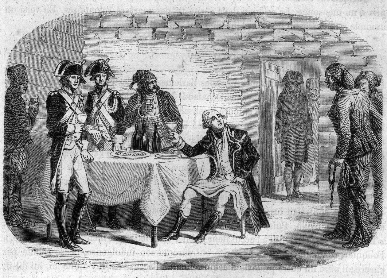 Sista ögonblicket av hertig Armand Louis de Gontaut de Biron, general-in-chief för Armees of the Rhen och Var; död 1793 - Gravyr i "Histoire des Girondins" av Alphonse de Lamartine (1790-1869) 1865-1866. Privat samling av Anonymous Anonymous