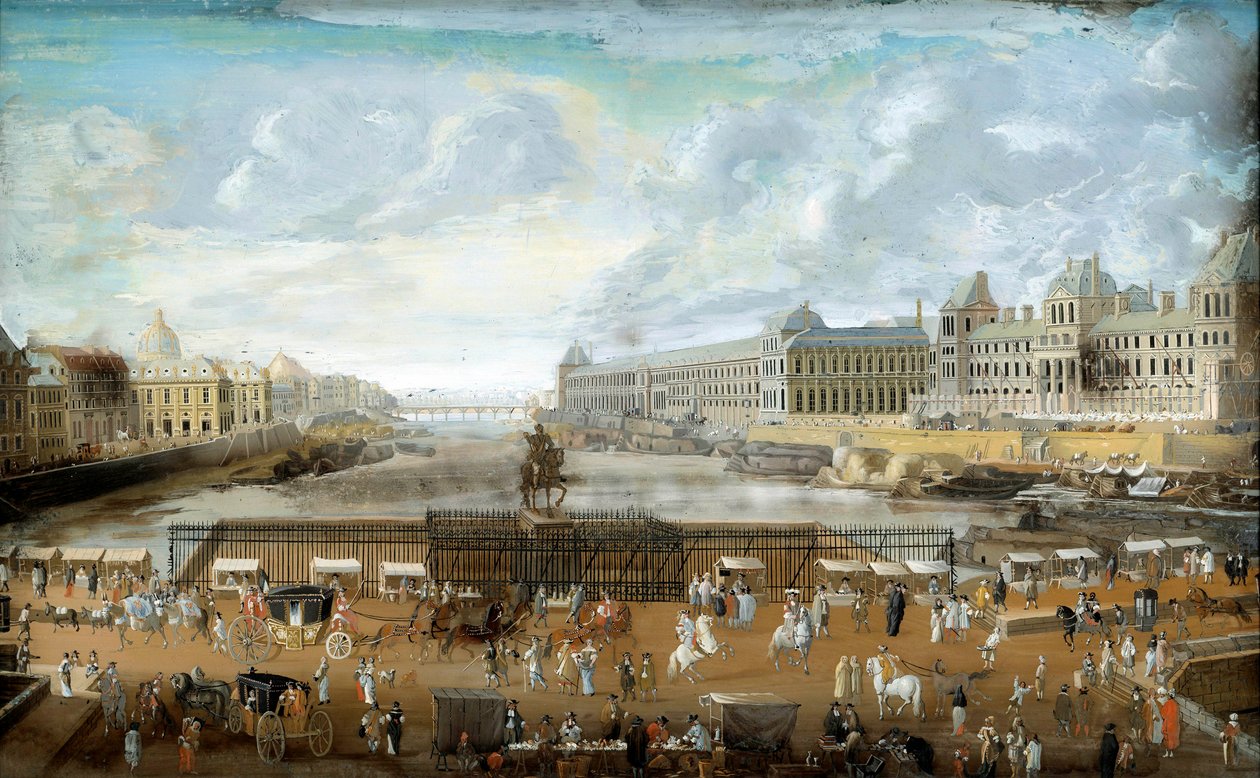 Le Pont Neuf sett från ingången till Place Dauphine, Quai Malaquais med College of Four Nations och målningen Grande Galerie och Louvren Anonymous. 1669. Paris, Musee Carnavalet av Anonymous Anonymous