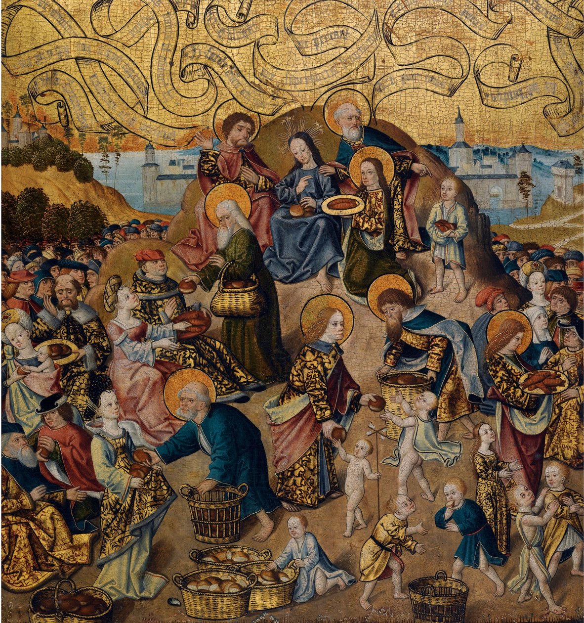 ""Miraklet med de fem bröden och två fiskar"" Anonym målning på trä, cirka 1500 (Miraklet med de fem bröden och två fiskar av Anonymous) c 1500 - Olja på trä, 68,9x62,7 - Privat samling av Anonymous Anonymous