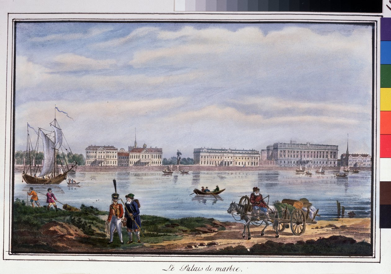 Marmorpalatset och Neva-vallen i Sankt Petersburg. Anonym litografi, akvarellfärgad, 22 x 32 cm av Anonymous Anonymous