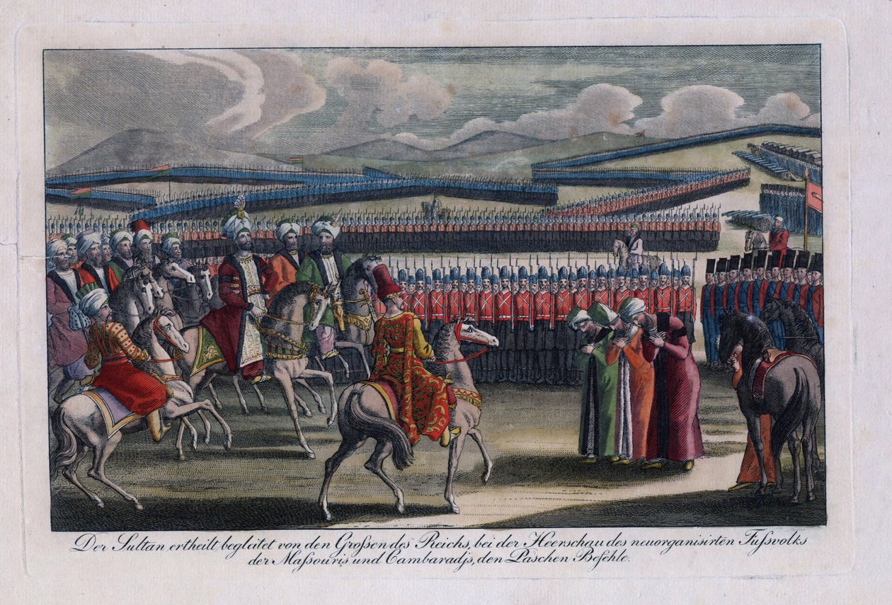 ""Den osmanske sultanen Selim III (1761-1808) granskar sitt nya infanteri"" Anonym gravyr 1806 Privat samling av Anonymous Anonymous