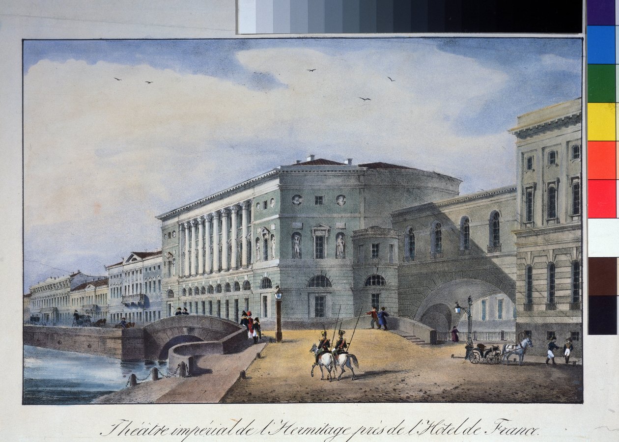 Eremitageteatern i Sankt Petersburg. Anonym litografi, färgad i akvarell, cirka 1840. A. Pushkin Memorial Museum, Sankt Petersburg. av Anonymous Anonymous