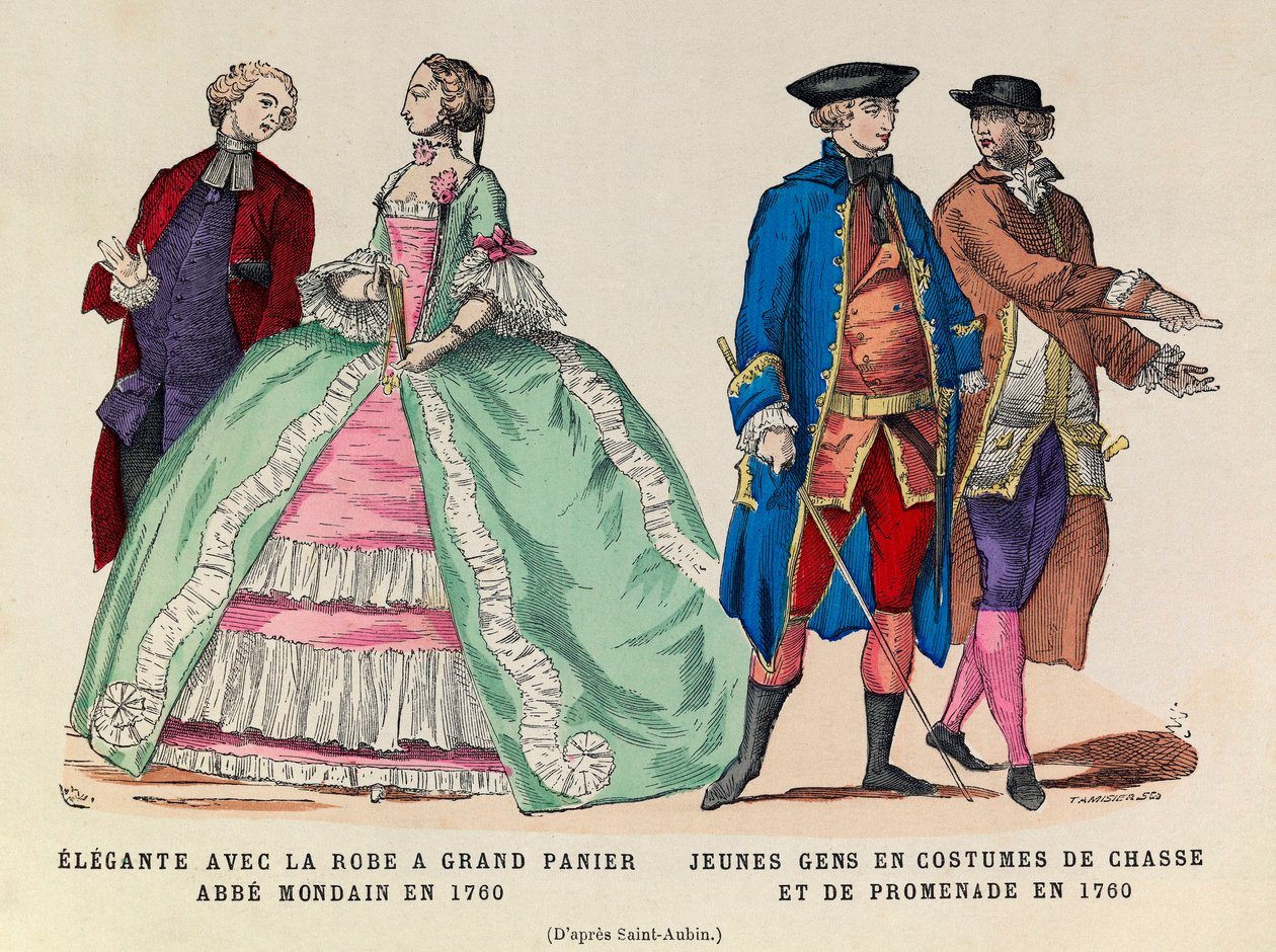 Vänster: Elegante med stor korgklänning, mondain abbe 1760/höger: Unga män i jakt- och promenaddräkt 1760 (regne av kung Ludvig XV) - privat samling av Anonymous Anonymous