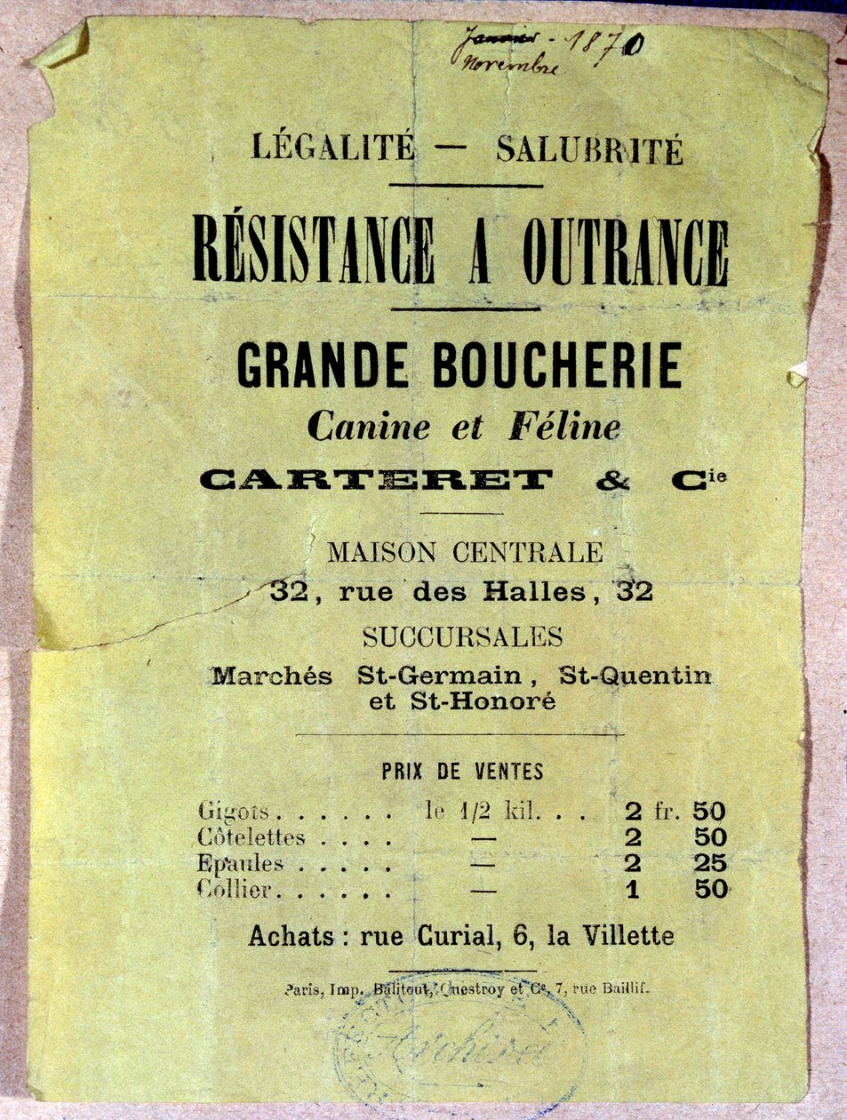 Legalite - Sanering. Motstånd mot Outrance. Bra slaktare för hundar och katter... Affisch som visar priset på hund- och kattkött för invånarna i Paris under belägringen under kommunen 1870. av Anonymous Anonymous